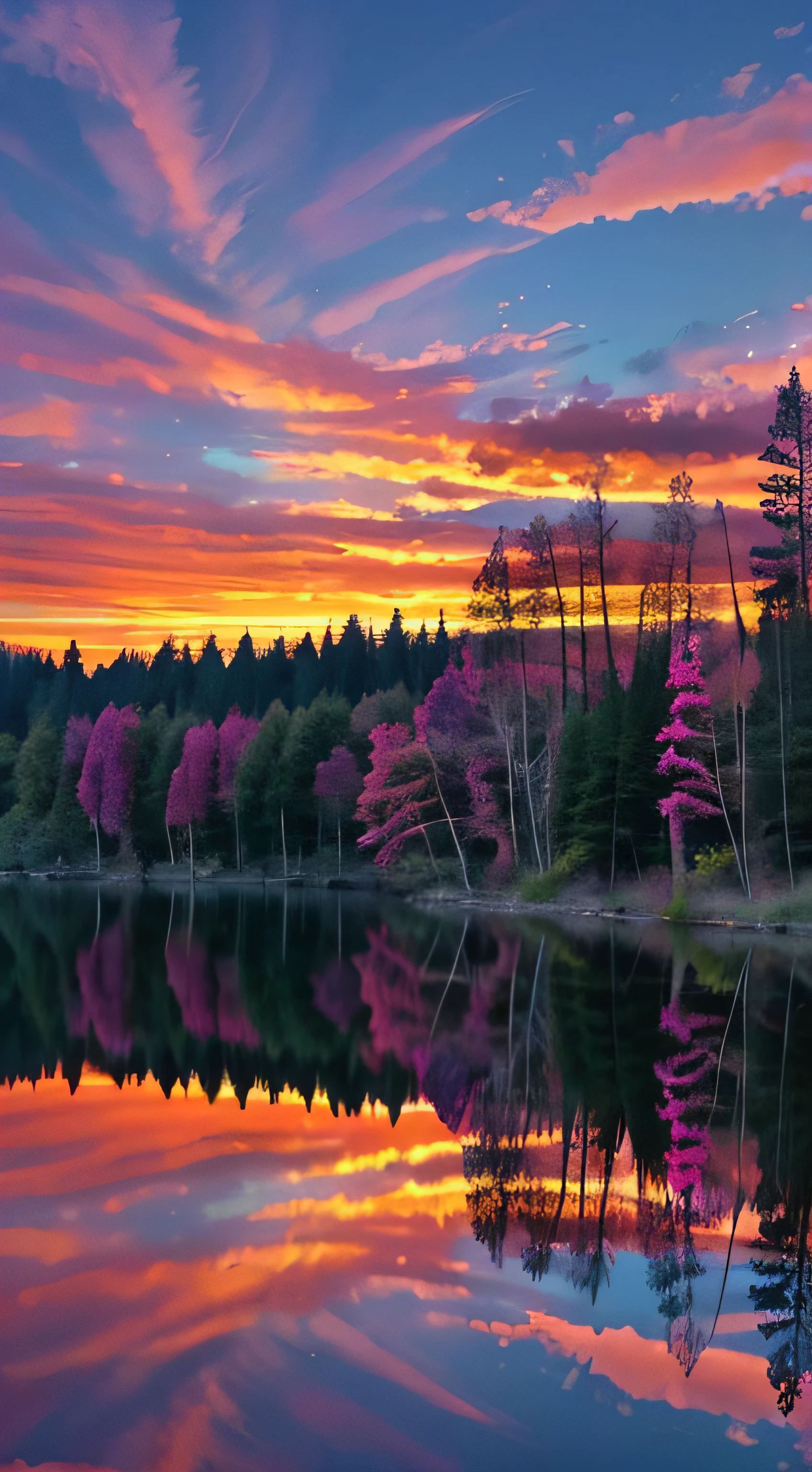 there is a beautiful sunset with a lake and trees in the background, colorful skies, surreal colors, colorful sunset, colorful sky, marvellous reflection of the sky, stunning sky, dream like atmosphere 8k, colorful clouds, colors reflecting on lake, surreal sky, red and blue reflections, fire reflection, beautiful sky, beautiful and spectacular dusk, beautiful dreamy landscape, amazing sky