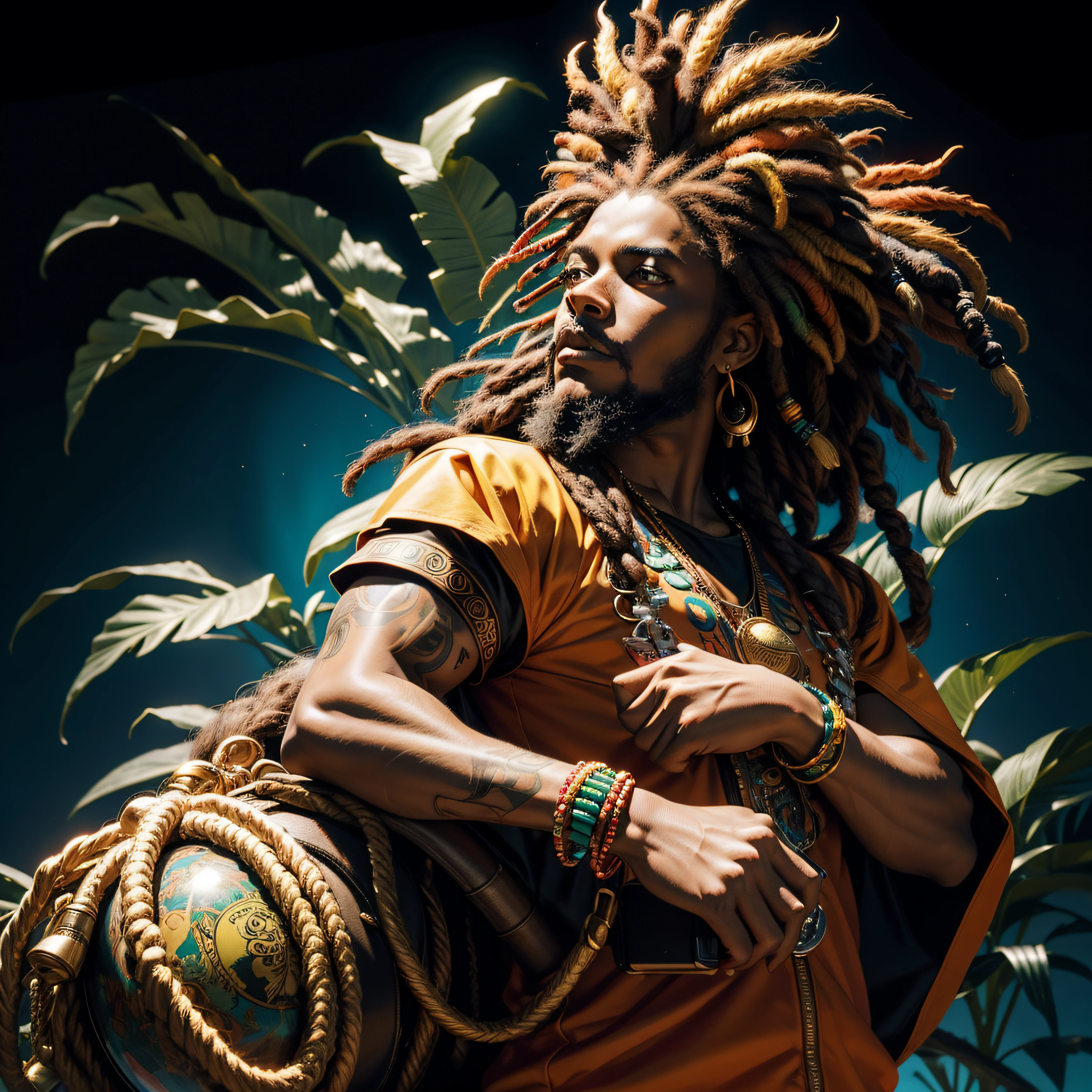 (A large Rastafarian juda lion) with vibrant colors in the style of the cover of Steel Pulse's Living Legacy album, juba com dreadlocks nas cores do reggae : Create an impression that depicts a lion, Important symbol in (Rastafarian culture), com cores vibrantes e detalhes intrincados. Explore the combination of red, amarelo e verde, what are the representative colors of the movement. Black background and lighting in the image to highlight it, contraste de figura e fundo, . Image with 300dpi resolution,  contrasting lighting between the figure and the background, imagem interessante e chamativa, Hyper detailed and very high resolution, imagem vetorial. Imagem centralizada,  simetria, (fundo preto), hiper detalhada