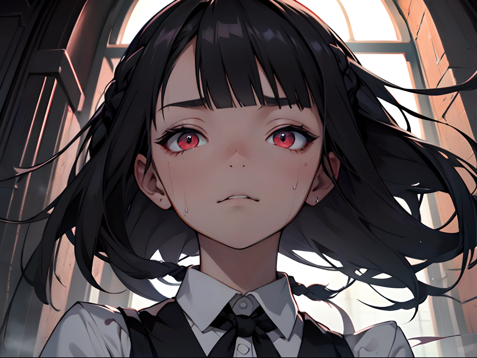 (professhional lighting), ((Beautiful eyes)),wide shot layout,wednesday addams BREAK 12years old,black hair,blunt bangs,pale skin,red eyes,jitome,hollow eyes, half-closed eyes,detailed eyes,beautiful eyes,hair ornaments at hexagram,1girl,solo,braid,ashamed,troubled expression,best quality,ultra-detailed,(masterpiece),sweat,wear Black tie,wear white shirt,wear black vest,looking away,fullbody,Watching films in my room,