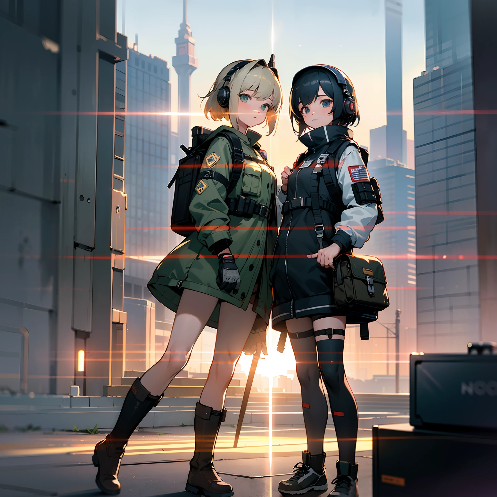 ((High quality)), ((Masterpiece)), 8K, 2girls, bulletproof vest, Light rays, Extremely detailed Cg Unity 8K wallpapers, Game CG, view the viewer, mitts, Boots, full bodyesbian, Watch, Computer, Mask, UAVs, holding weapon, Earphone, Jacket, bag, Backpack,