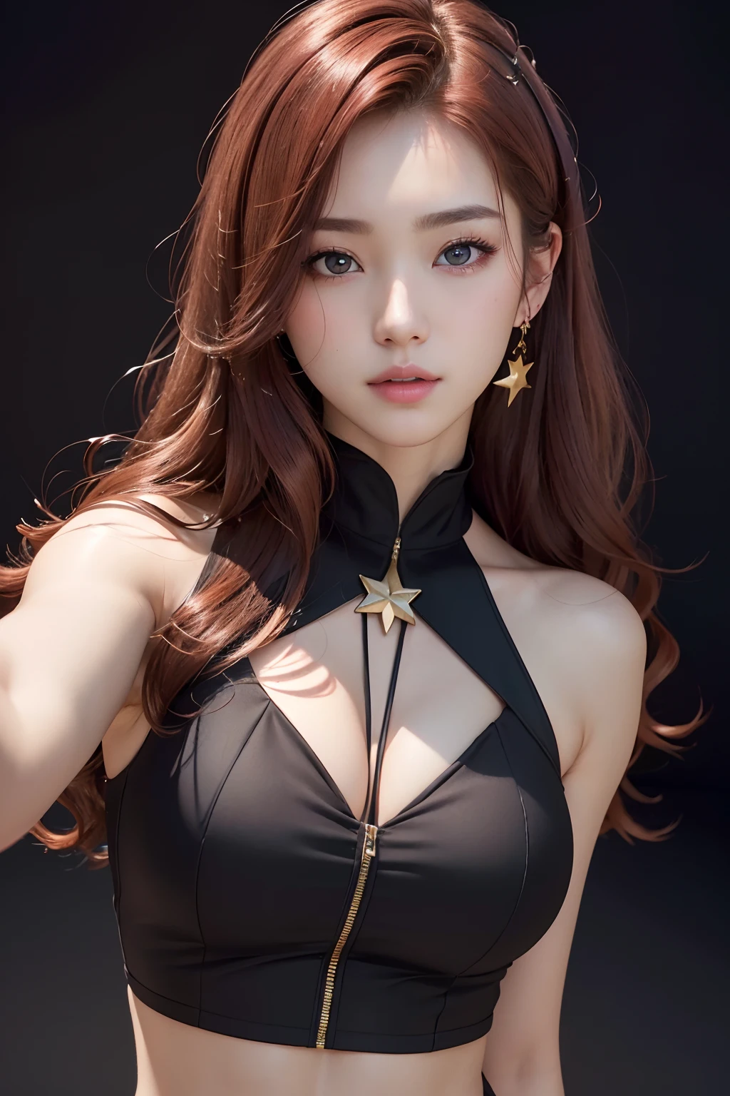 absurdres, 1girl, star eye, blush, (realistic:1.5), (masterpiece, Extremely detailed CG unity 8k wallpaper, best quality, highres:1.2), (ultra_detailed, UHD:1.2), (pixiv:1.3), perfect illumination, distinct, (bishoujo:1.2), looking at viewer, unreal engine, sidelighting, perfect face, detailed face, beautiful eyes, pretty face, (bright skin:1.3), idol, (abs), ulzzang-6500-v1.1, soft smile, upper body, (dark red hair), (simple background), ((dark background)), (depth of field), close-up, selfie