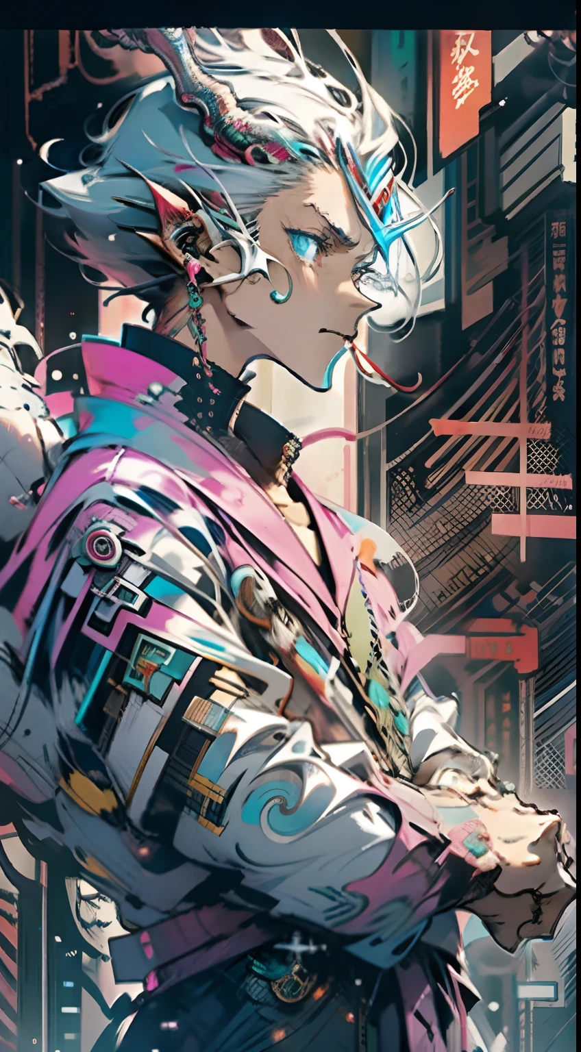 A futuristic,mito,fanciful,modern city setting,White-haired boy with avant-garde outfit,Surrounded by mechanical Asian dragons,neonlight:1.2,cybernetically enhanced:1.1,Ethereal dragon scales:1.1,action-packed scene:1.2,cinematic compositions:1.1,Mixed media artwork,8K分辨率。