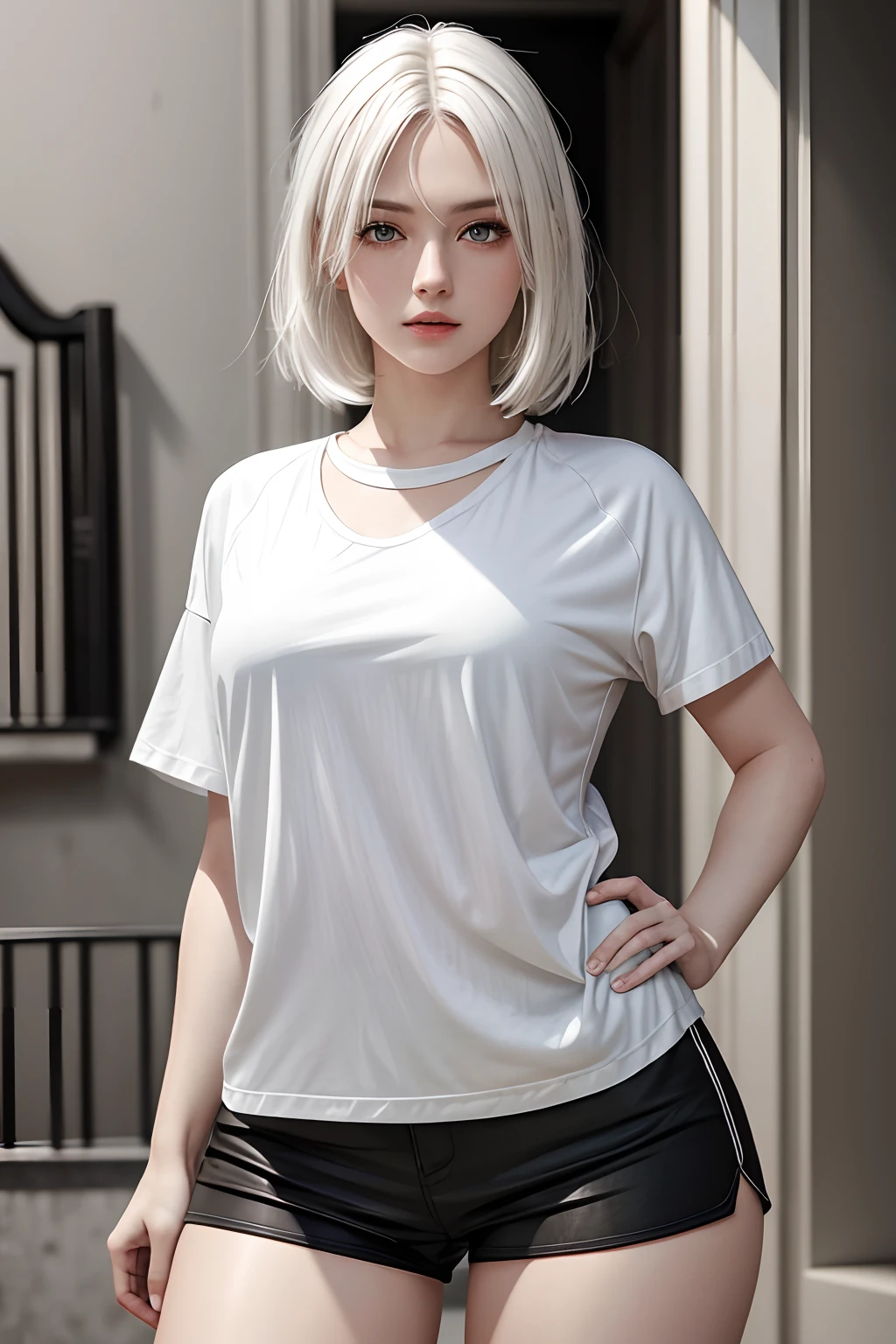photorealistic, high resolution, 1 girl, white hair, blue eyes, loose white shirt, tight black shorts, thick thighs