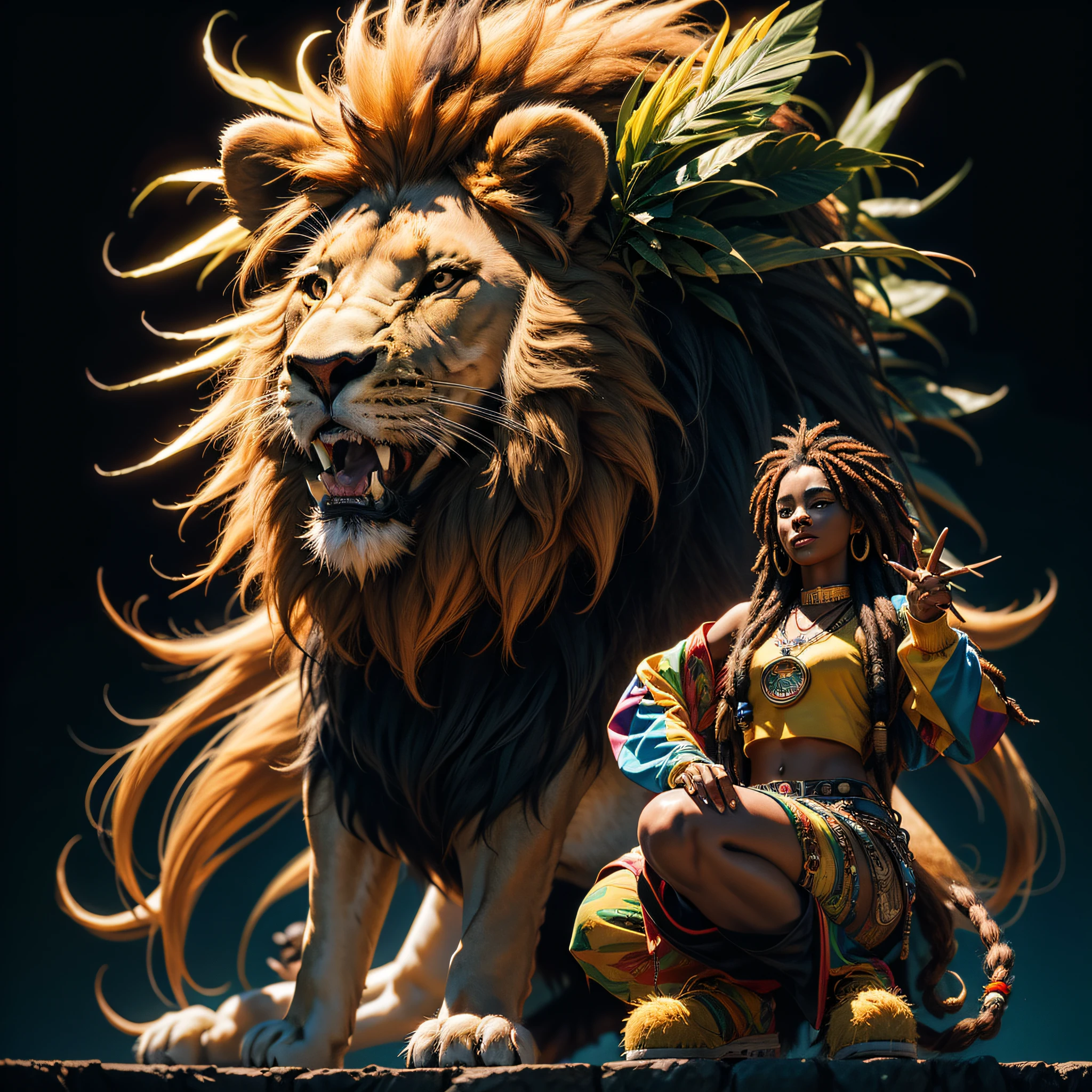 (A large Rastafarian juda lion) with vibrant colors in the style of the cover of Steel Pulse's Living Legacy album, juba com dreadlocks nas cores do reggae : Create an impression that depicts a lion, Important symbol in (Rastafarian culture), com cores vibrantes e detalhes intrincados. Explore the combination of red, amarelo e verde, what are the representative colors of the movement. Black background and lighting in the image to highlight it, contraste de figura e fundo, . Image with 300dpi resolution, contrasting lighting between the figure and the background, imagem interessante e chamativa, Hyper detailed and very high resolution, imagem vetorial. Imagem centralizada, simetria, (fundo preto), hiper detalhada