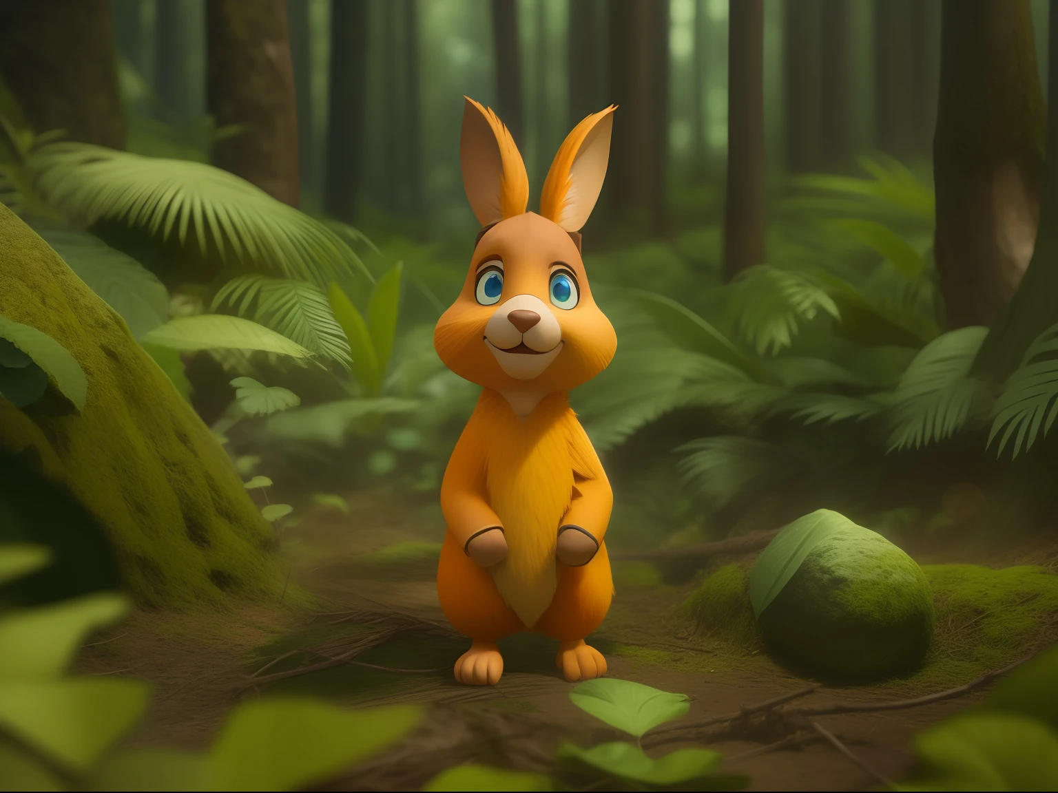Comando: criar personagem realista, cinemactic, 3D de um coelho de cor laranja, triste e perdido na floresta