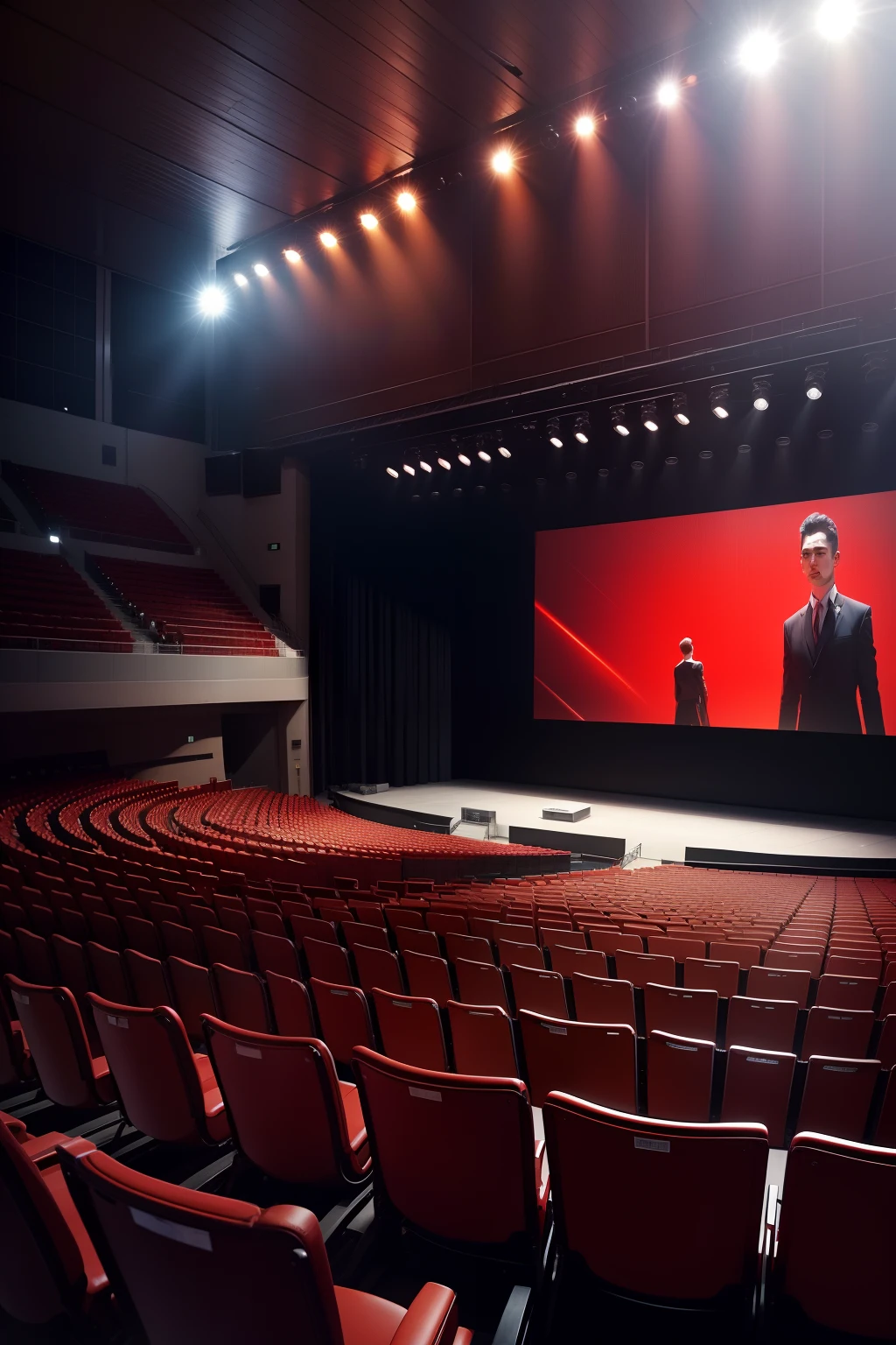 Lots of chairs in the room，There is a big screen on the wall, large commercial led screens, large led screens, giant red led screens, giant led screens, large screens, digital screens on the walls, led screens, Concert Hall, big hall, big hall, exhibition hall lighting,led display, Large screen, Wide view, LED display