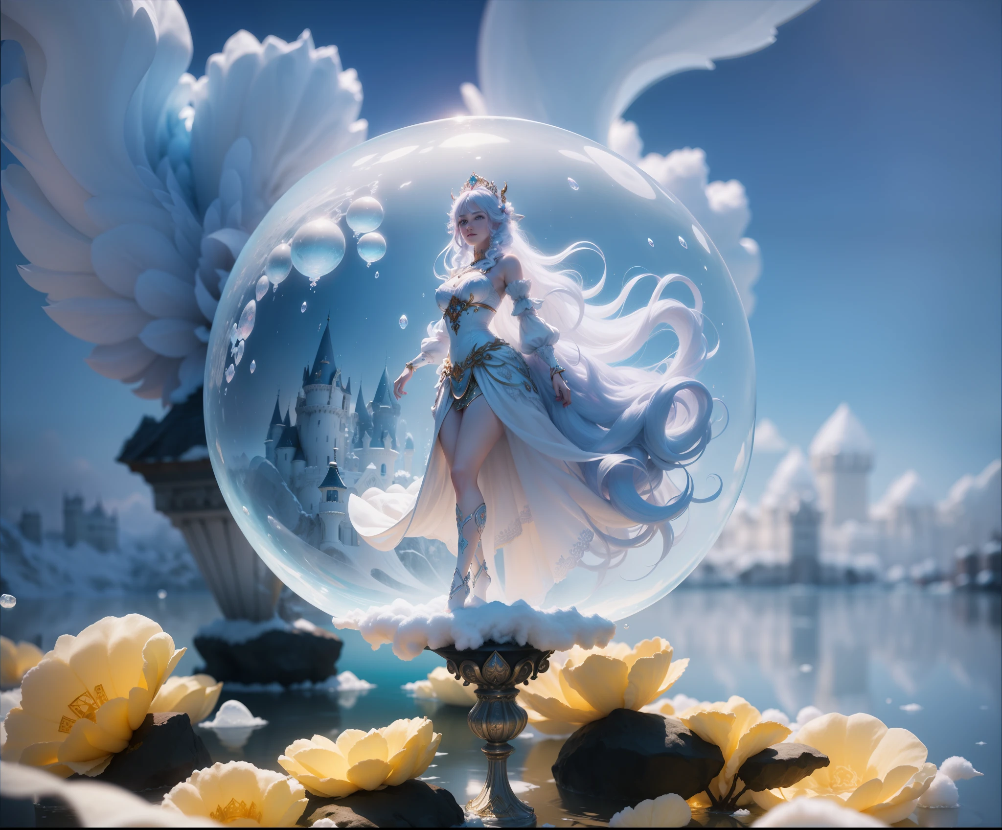 Cotton Candy Queen Women Goddess perfect face8k Resolution Rendered Hyper Realistic Intricate Detail lives in a frosty ice bubble, a fanciful place filled with castles, cotton candy, swans lakes and fluffy clouds, An intricate visual representation of computer programing, rendered in 24k resolution with intricate details and symbols.