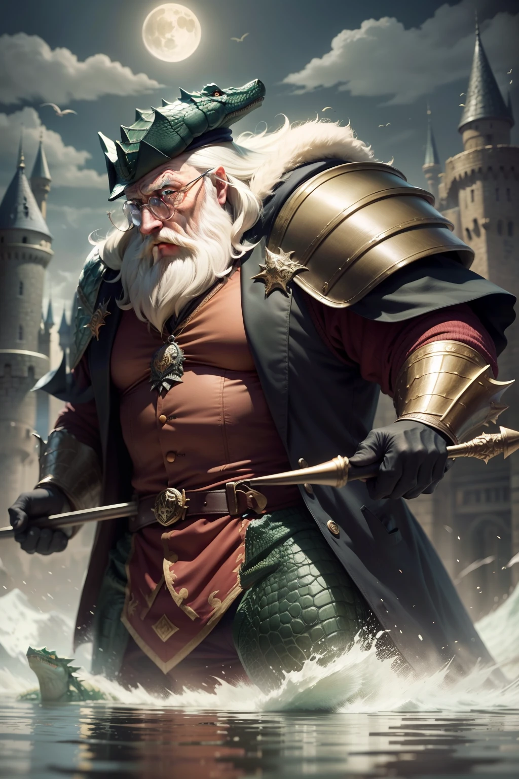 dumbledore,a old man,Big chest,wearing an outfit,Wearing crocodile dragon armor,Wearing a crocodile head hat,muscle men ,Man ,Wear half-moon glasses,Realiy,Ride a crocodile,background castle