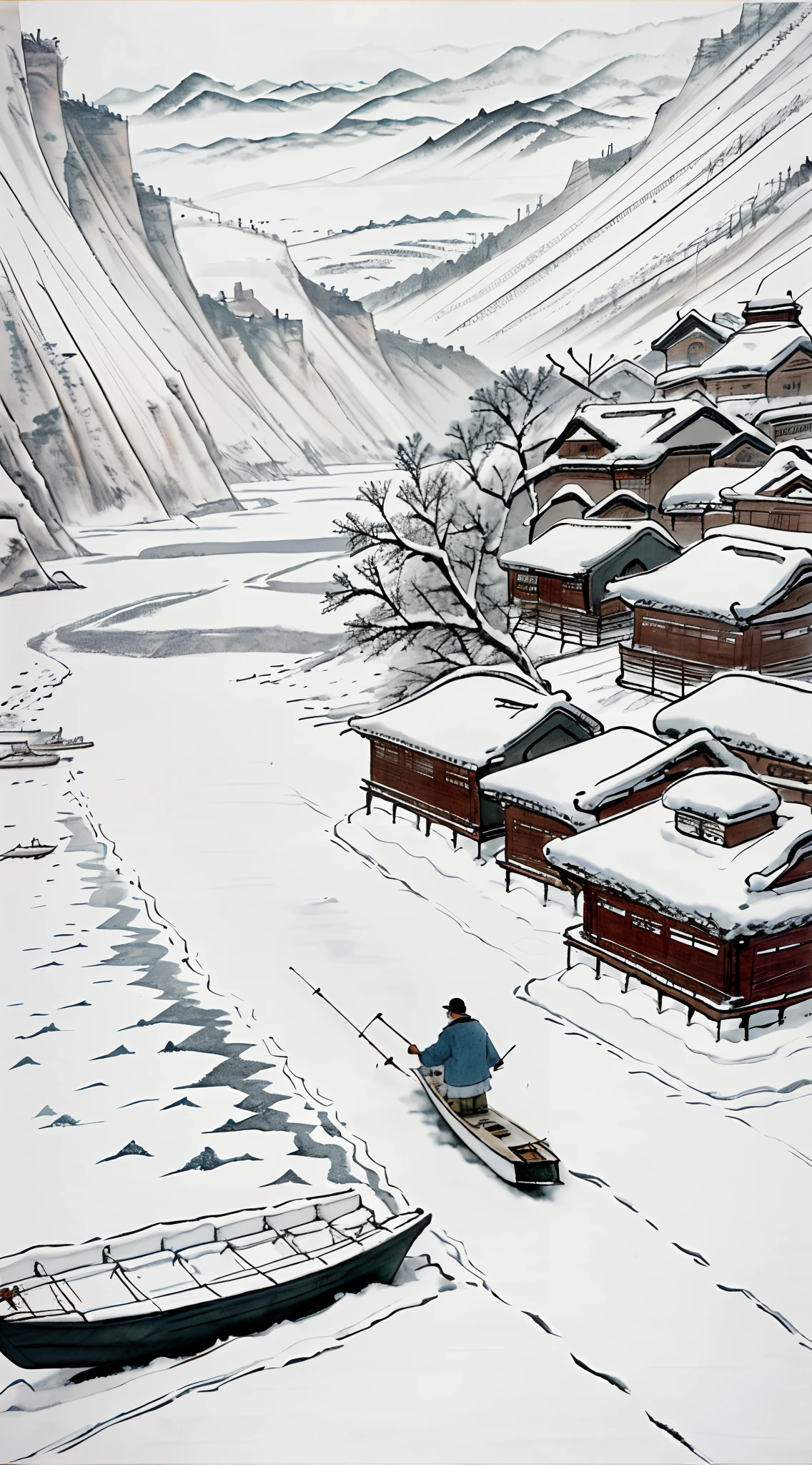 There was a man on the boat fishing on the river,nevando,((White snow)),snowfield,((snow landscape)),The background is mountains,( Chinese painting style), Traditional Chinese painting, (Chinese style painting),(ink wash style)),Chinese landscape