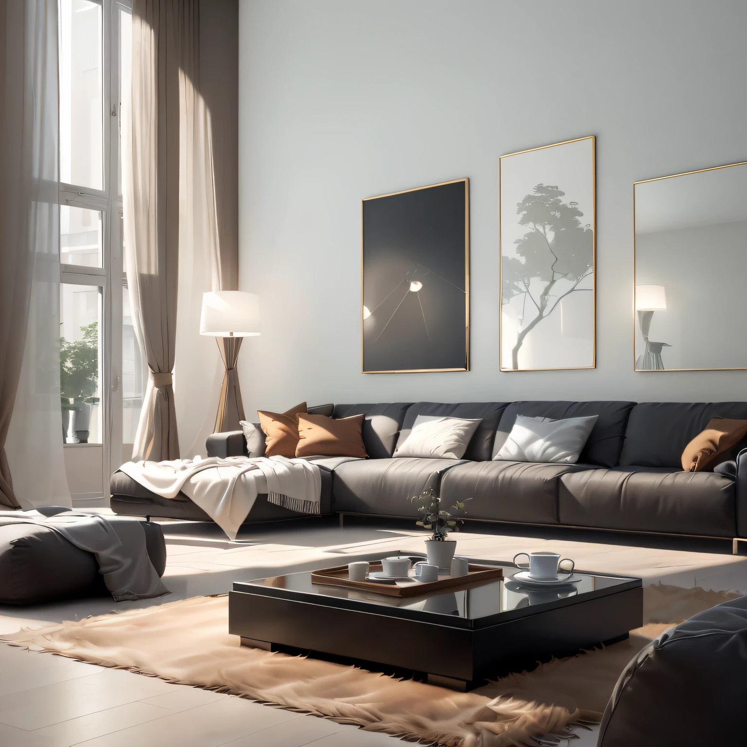 There is a large living room with a sofa and a coffee table, cozy contemporary living room, sala de estar quente, natural Detailed Lighting, sala de estar moderna, luz natural no quarto, high quality 3d render, high quality 3d render, interior aconchegante da sala de estar, realistic afternoon lighting, photorealistic cinematic render, interior da sala de estar, sala de estar interior, interior quente
