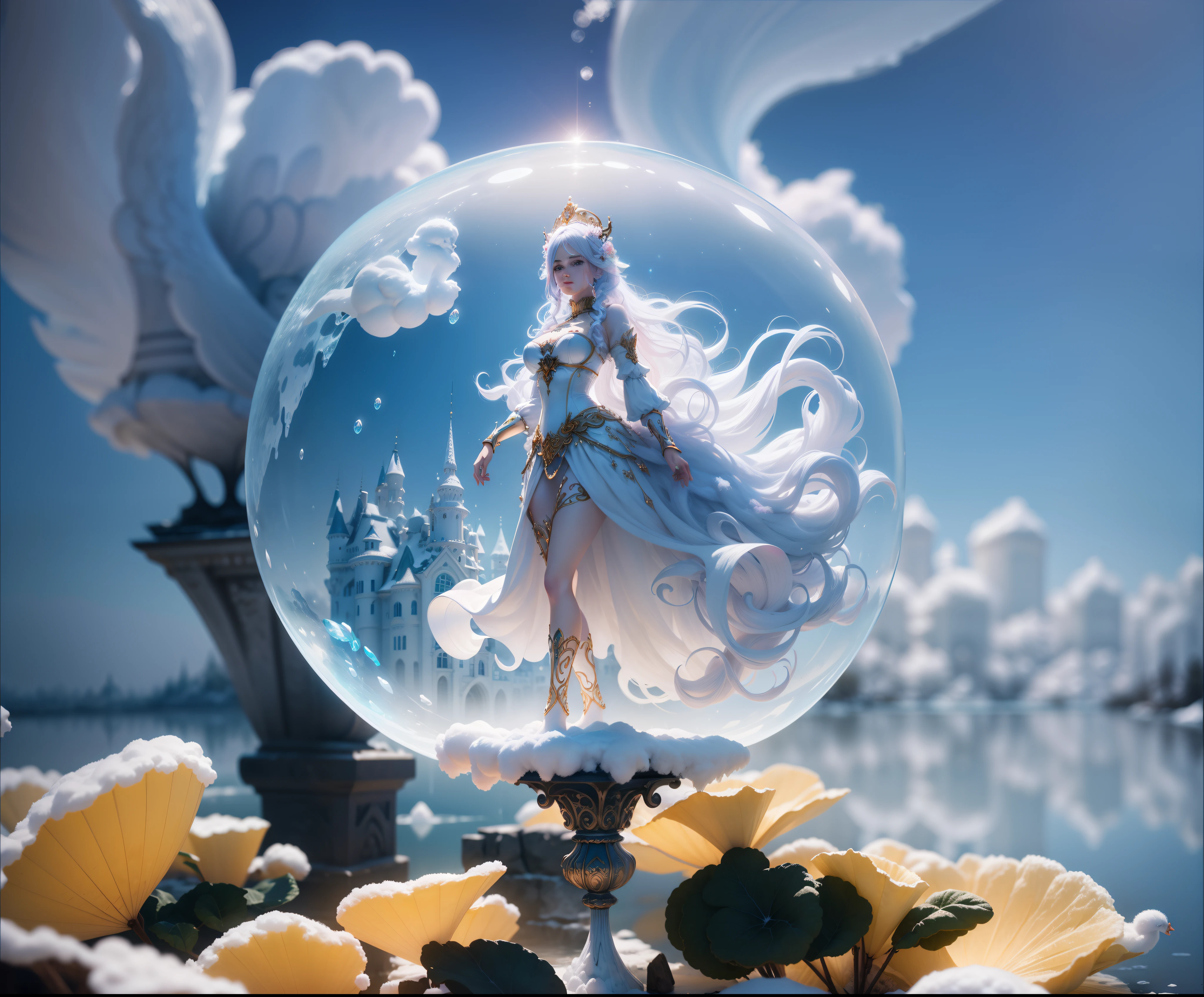 Cotton Candy Queen Women Goddess 8k Resolution Rendered Hyper Realistic Intricate Detail lives in a frosty ice bubble, a fanciful place filled with castles, cotton candy, swans lakes and fluffy clouds, An intricate visual representation of computer programing, rendered in 24k resolution with intricate details and symbols.