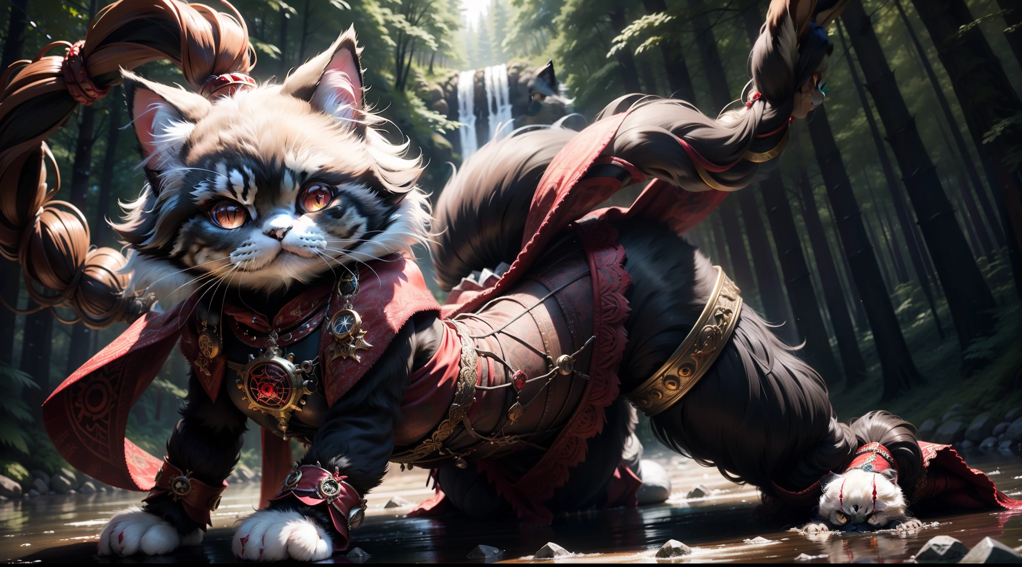 persian cat Anthropomorphic, steampunk,,, spiderman dress with intricate ornamentation red and black,,,,,, highest quality,, very angry face, body fitness, full body, long hair with braids, in a stream in a majestic forest, in the floor there is drawn a pentagram with stones