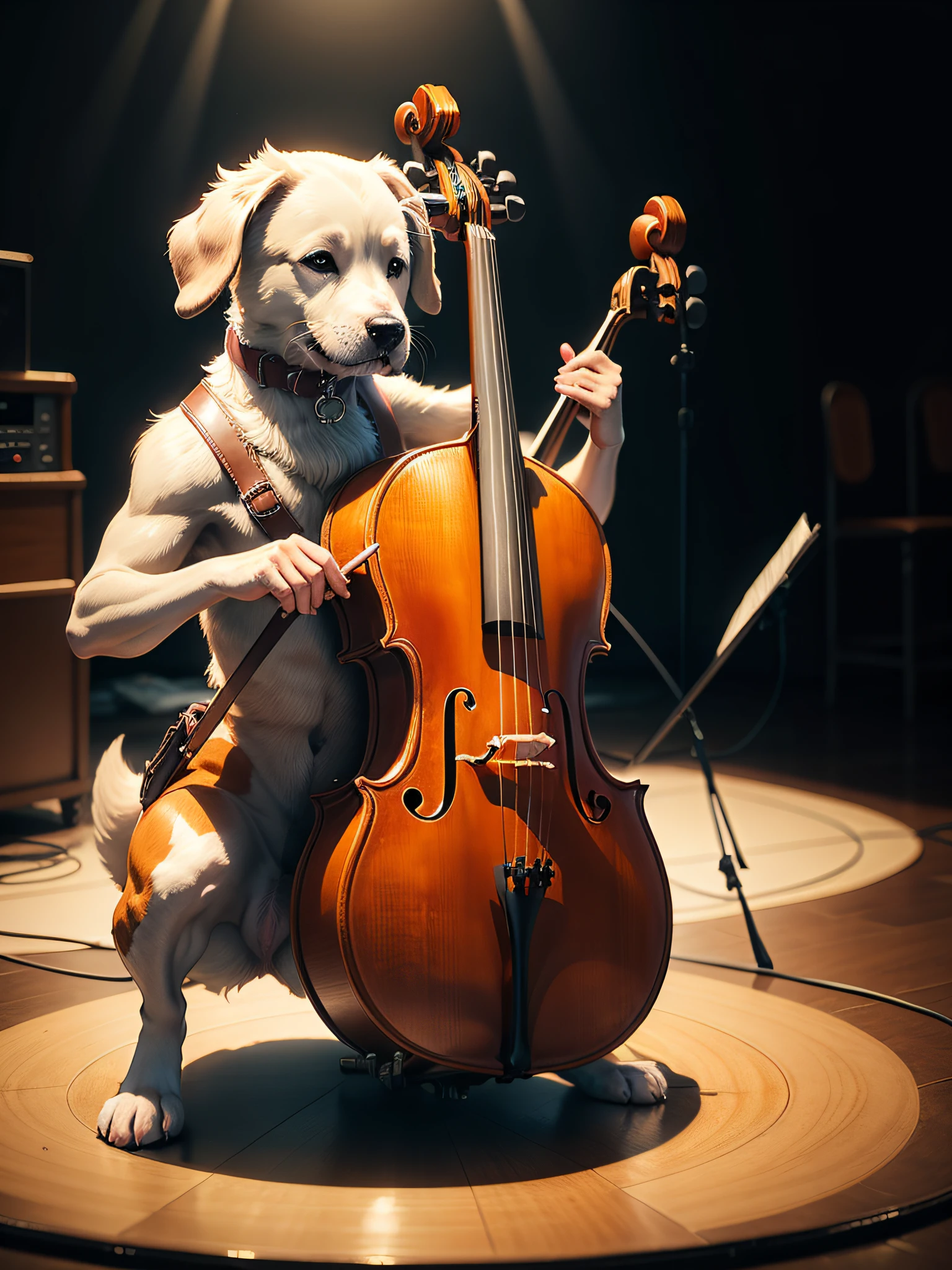 Dog playing cello, luz de palco.