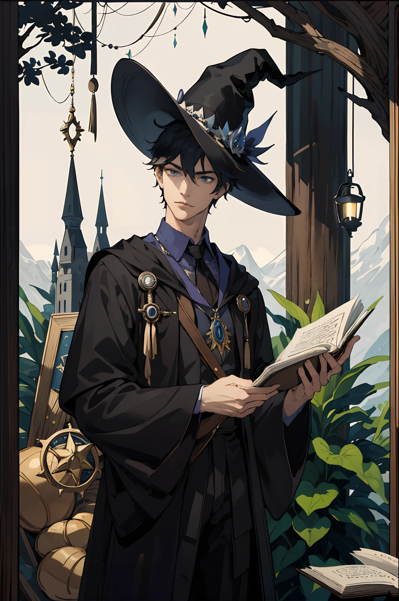 masterpiece, top-quality, male people2a person, Adults, tall muscular, a handsome, finely eye, intricate detailes, sorcerer, black hat with a pointed brim, Broom with a carved handle, Spellbooks for various spells, Portion bottles with different ingredients, Enchanted forest with hidden wizard's huts