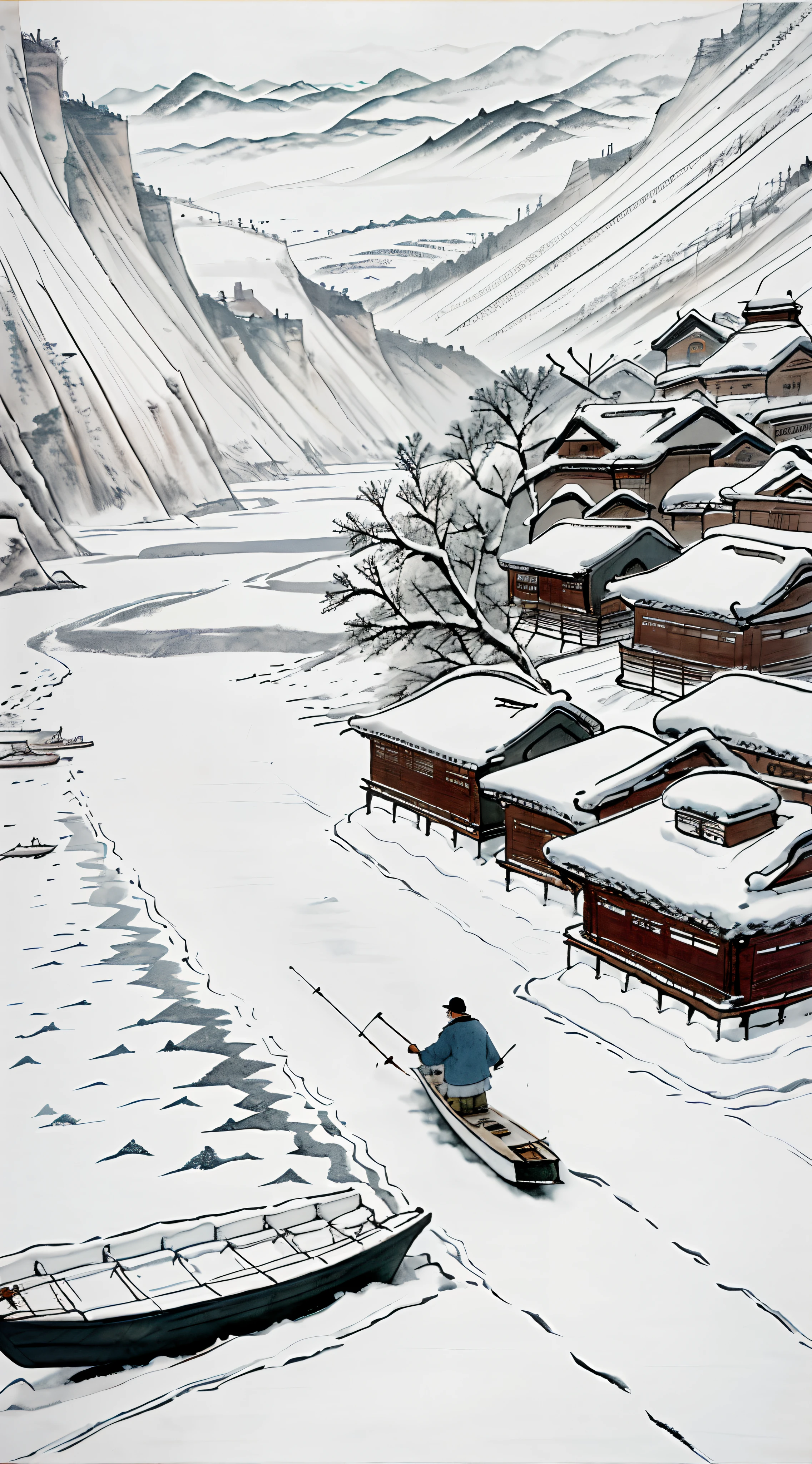 There was a man on the boat fishing on the river,nevando,((White snow)),snowfield,((snow landscape)),The background is mountains,( Chinese painting style), Traditional Chinese painting, (Chinese style painting),(ink wash style)),Chinese landscape