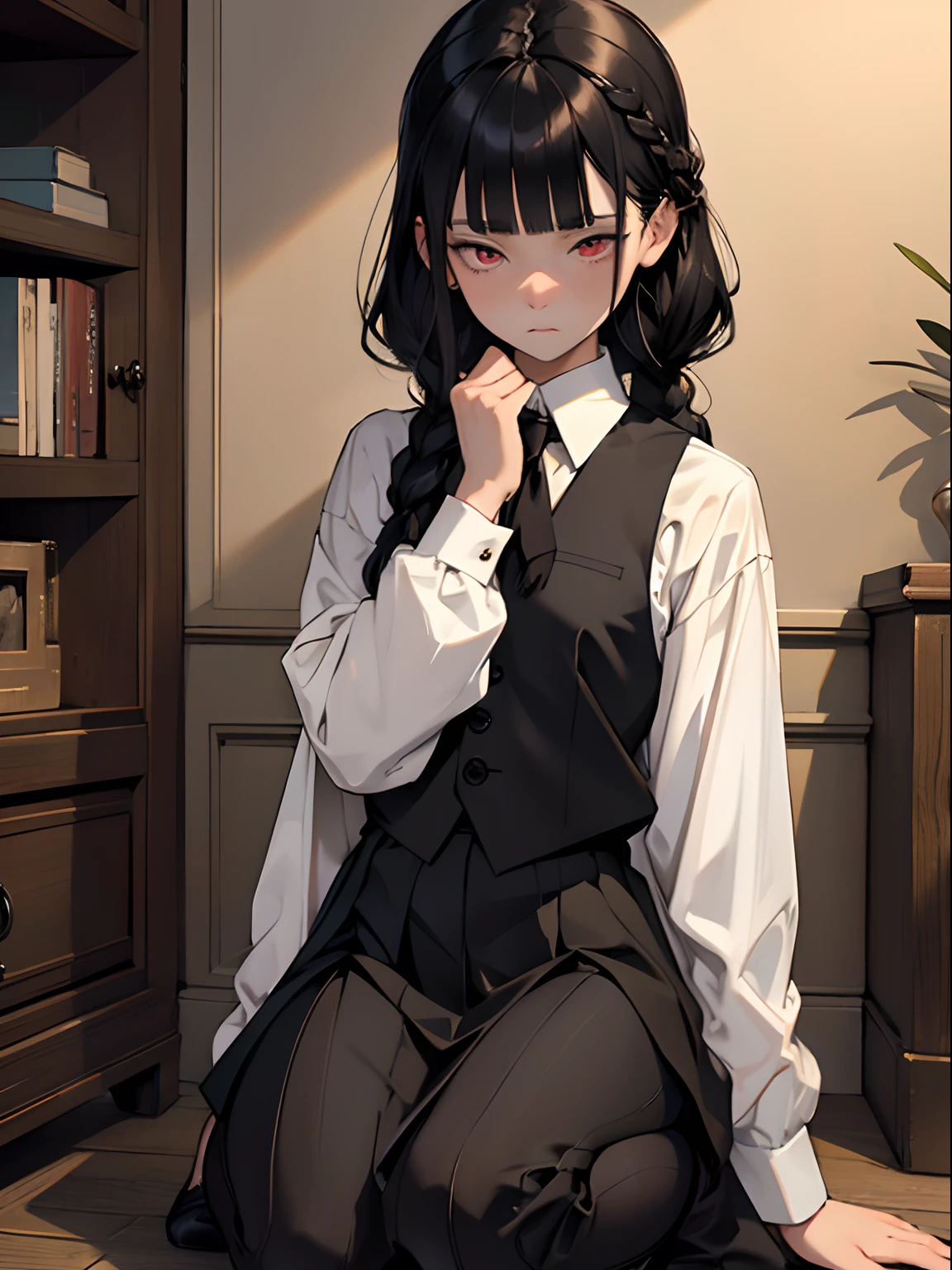 (professhional lighting), ((Beautiful eyes)),wide shot layout,wednesday addams BREAK 12years old,black hair,blunt bangs,pale skin,red eyes,jitome,hollow eyes, half-closed eyes,detailed eyes,beautiful eyes,hair ornaments at hexagram,1girl,solo,braid,ashamed,troubled expression,best quality,ultra-detailed,(masterpiece),sweat,wear Black tie,wear white shirt,wear black vest,looking away,fullbody,Watching films in my room,