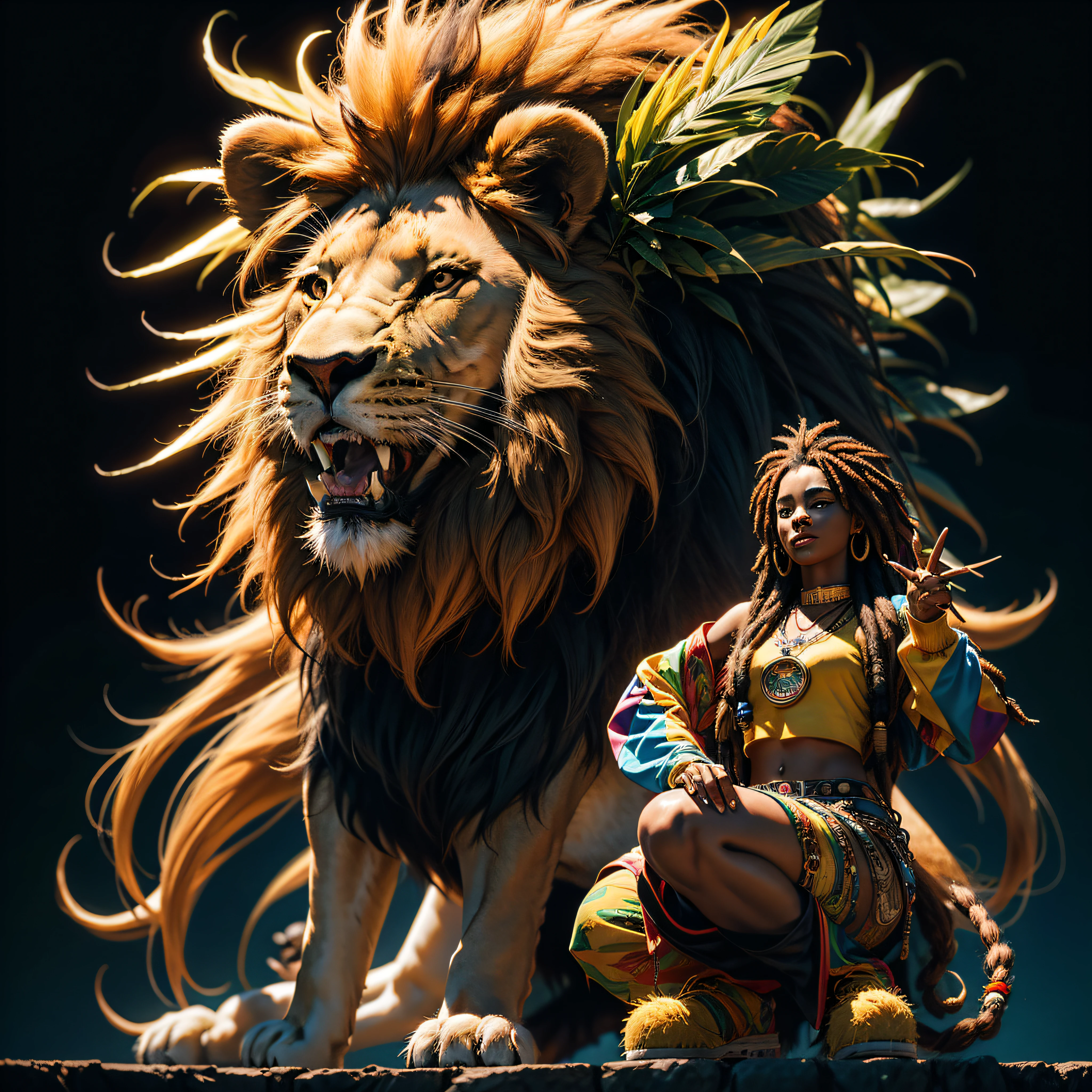 (A large Rastafarian juda lion) with vibrant colors in the style of the cover of Steel Pulse's Living Legacy album, juba com dreadlocks nas cores do reggae : Create an impression that depicts a lion, Important symbol in (Rastafarian culture), com cores vibrantes e detalhes intrincados. Explore the combination of red, amarelo e verde, what are the representative colors of the movement. Black background and lighting in the image to highlight it, contraste de figura e fundo, . Image with 300dpi resolution, contrasting lighting between the figure and the background, imagem interessante e chamativa, Hyper detailed and very high resolution, imagem vetorial. Imagem centralizada, simetria, (fundo preto), hiper detalhada