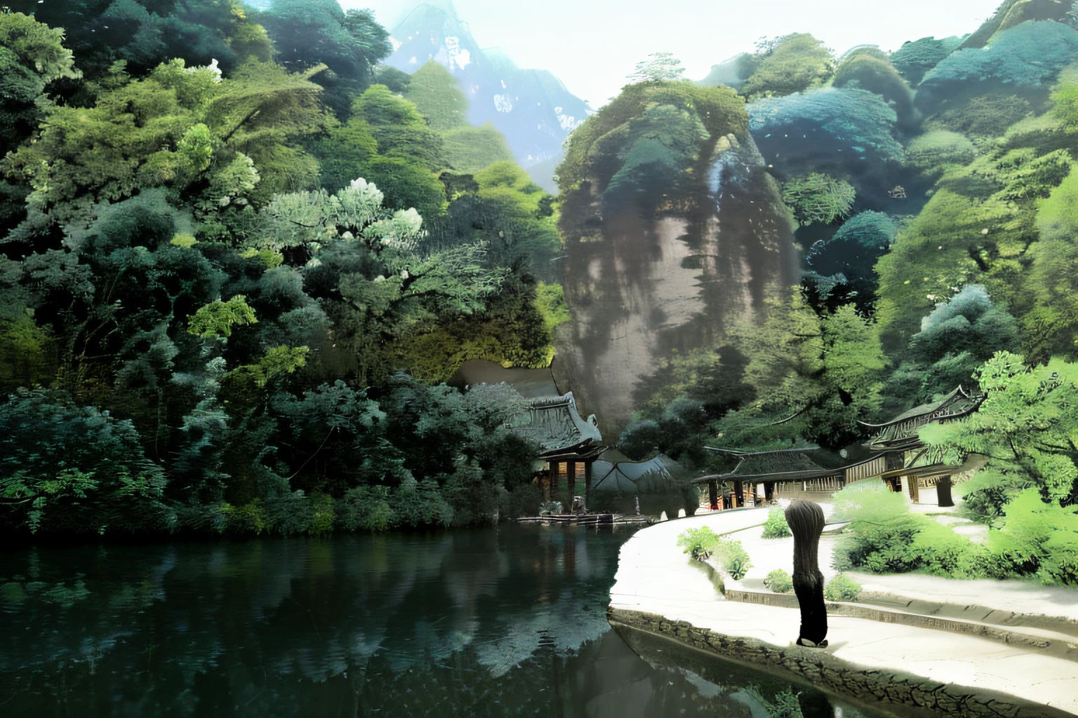 An oriental landscape painting, ancient China, extremely pure white background, dreamy, romantic, old-fashioned, 3D, 8K, spotlight, extremely fine details, wabi-sabi style,