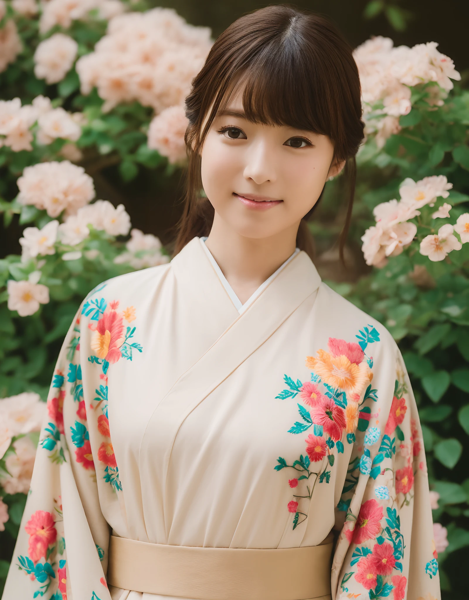 Cute teen with faint bangs, Warm brown eyes, Floral embroidered kimono. (8K, Best Quality : 1.2), (masutepiece, Photorealistic : 1.3), Super Detail, Anatomically correct