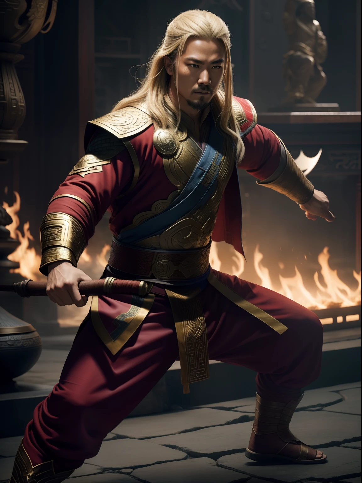 A Chinese kungfu master as thor wearing a typical Chinese kungfu master's clothes, cinematic, extreem realistic, extreem detailed, extreem Sharp, full body shot
