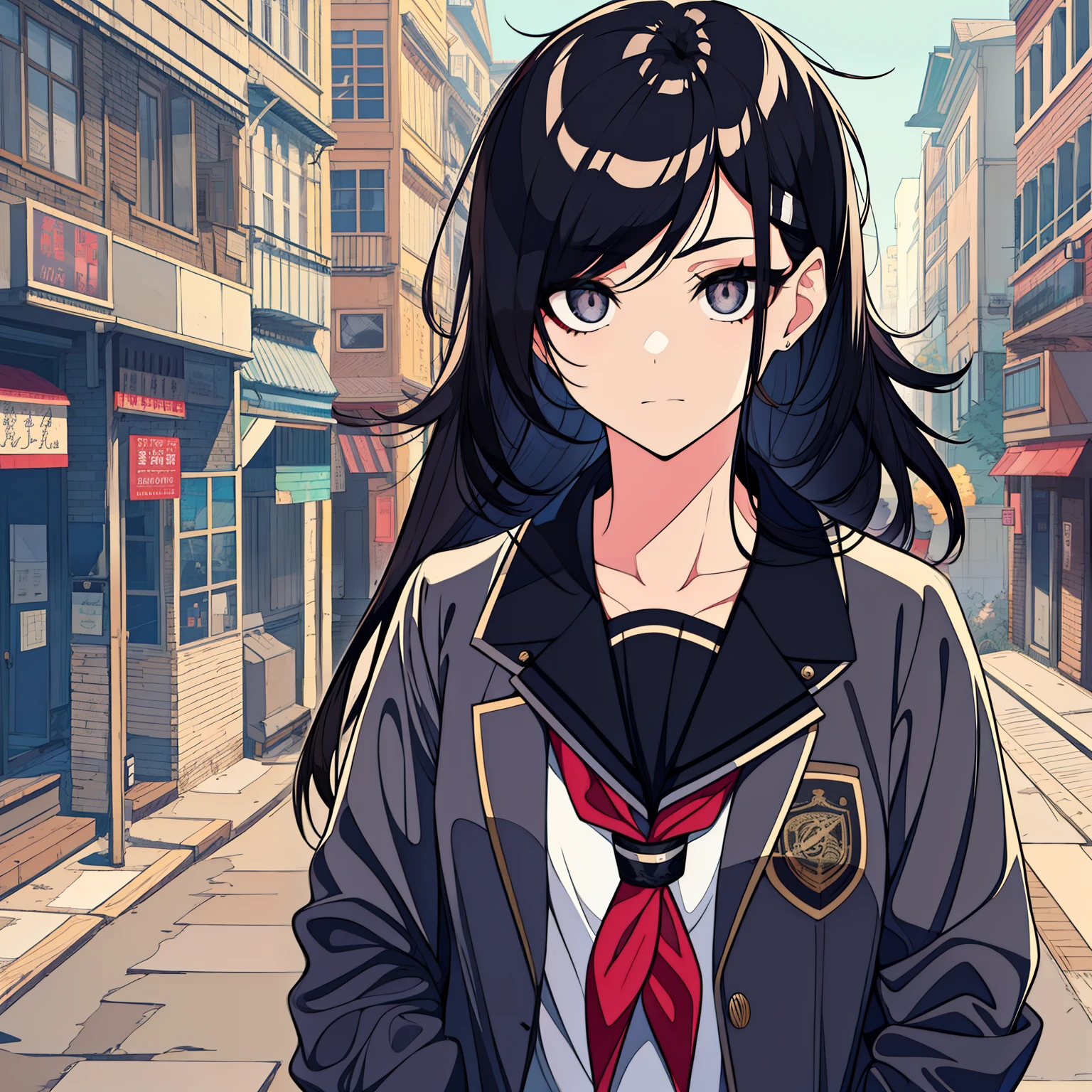  female with black hair, unkept hair, messy hair, messy clothing, grey tired eyes, in a schoolgirl outfit, antisocial, eye shadow, grey eye color, bags under eyes, lots of eyeshadow on