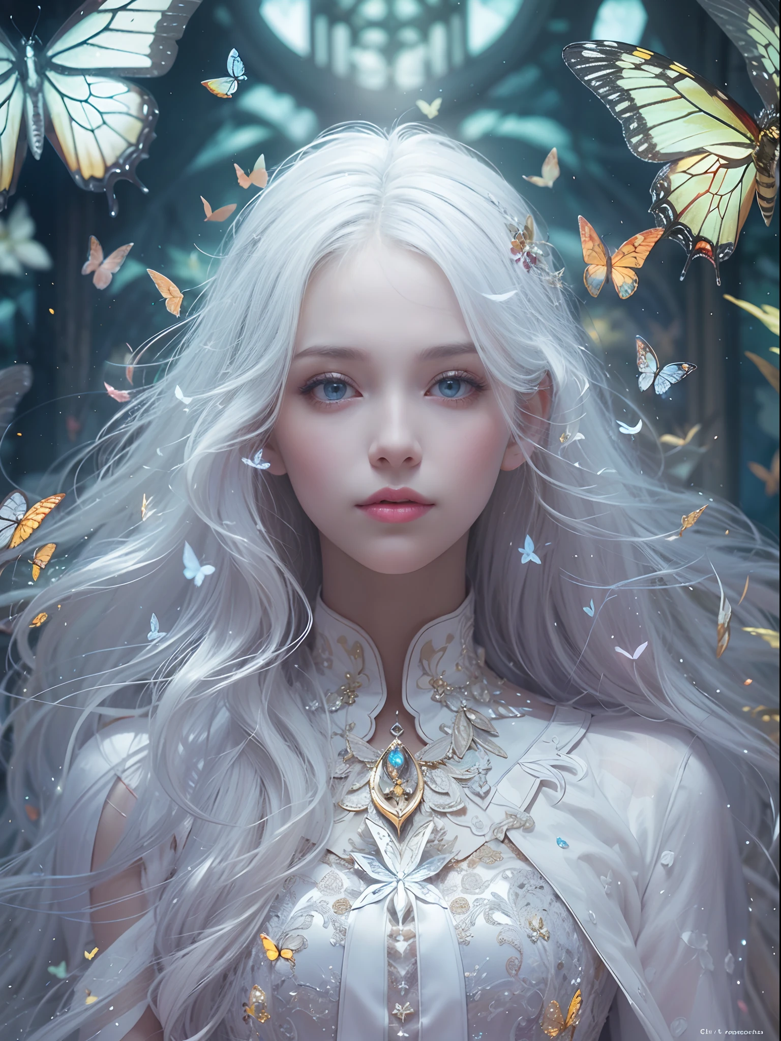 White hair , (((White luminous dress , White giant dress , Dress glitter , dress ))) ,Beautiful dance dynamics , Long legs , small thighs((Huge long white hair,Glowing coat , Long flowing hair))offcial art , Unity8k wallpaper , Ultra detailed , Beautiful and beautiful , Masterpiece , Best quality ,Realistic((Huge long white hair,Glowing coat , ))Masterpiece , Best quality , Ultra-detailed , very detailed illustration ,Extremely detailed , Intricate details , .White luminous dress , White giant dress , Dress sequins , Dress made of aurora , ultra intricately detailed , Very detailed 8KCG wallpaper , Cowboy shot , Caustics .Reflection , Ray tracing , Demon Theme ,Starcloud ,Dark aura, cyber effect , (1girll:1.4)Solo , Little blue butterfly , Surrounded by dozens of monarch butterflies , Huge long white hair shiny quilt hair , (Blue plasma flame , (insect , Butterflies))Long blue crystal dress , There are butterflies on the huge skirt , .Holy Light Butterfly Angel , Butterfly wings , in the style of rococo pastel hues ,Light white and light dark red , unbelievable beautiful , Cherry blossoms , sparkling water reflections , Soyuz , Flowing , Surreal ,Painting , Ethereal , Elsa Bleda , stockphoto, Mixed reality and fantasy elements ,vray tracing , Intricate patterns , delicated lines , made of crystals , Refine your hands ,Refine your hands , Refine your hands, Starry , Colorful , stars , (sharp focus on face) , (foreshortening:1.1 Omitted_above:0.3 , fish eye:1.1)
