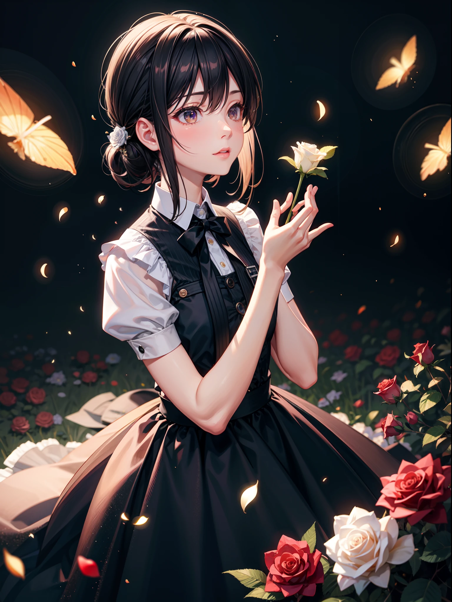 face focus, masterpiece, best quality, 1girl, , white roses, petals, night background, fireflies, light particle, solo, standing, pixiv, depth of field, cinematic composition, best lighting, looking up