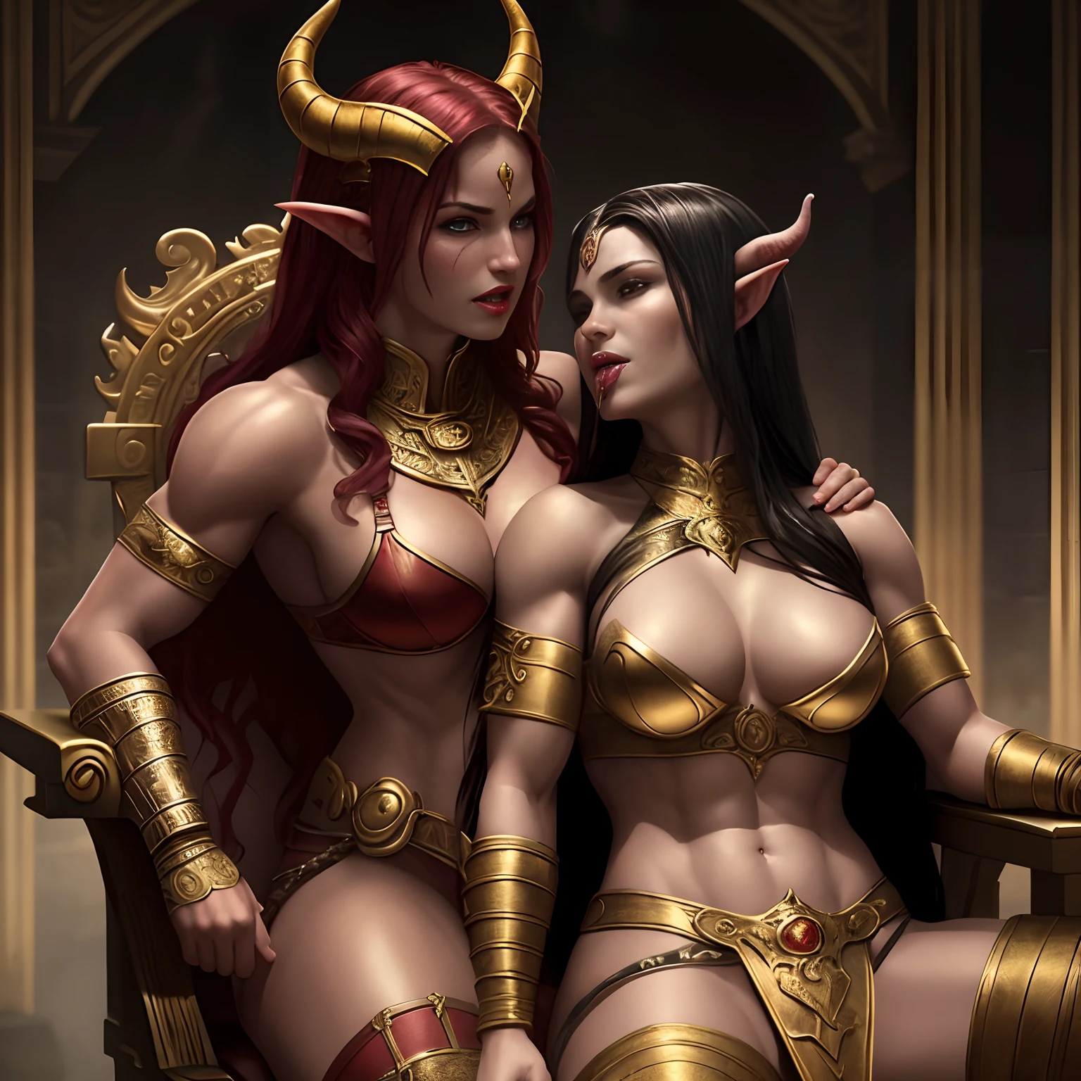 A sexy tiefling woman with a red skin sitting on a golden throne, licking her female nude slave's face, wearing a warrior bra, muscular, fantasy, highly detailed face, highly detailed body, highly detailed, cinematic ligtning, epic ambiance, atmospheric perspective, 8k, super detail, ccurate, best quality