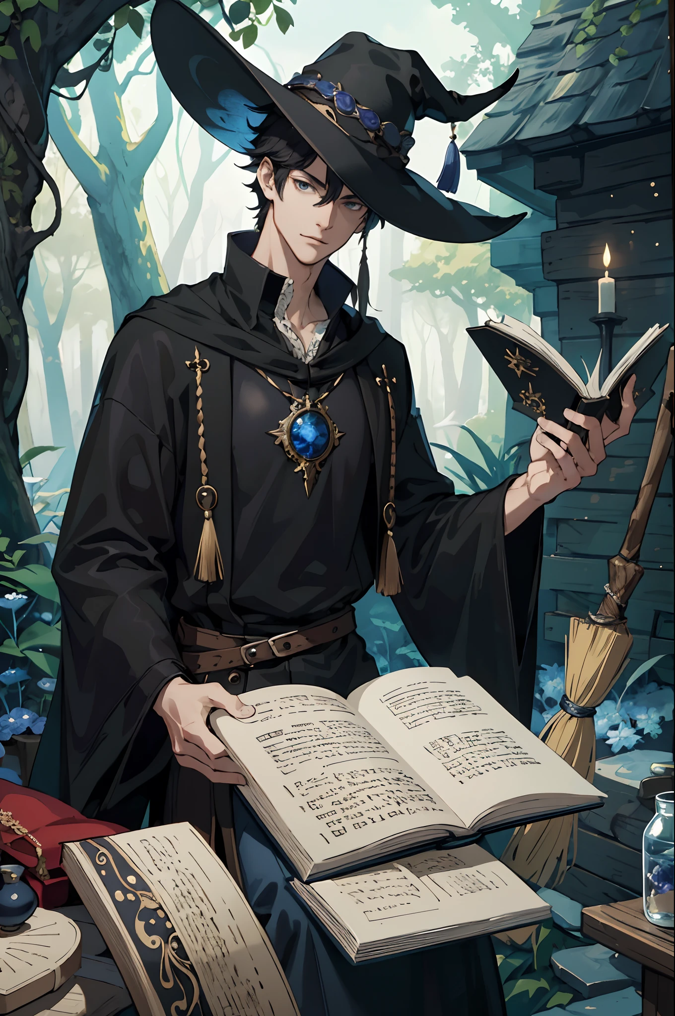 masterpiece, top-quality, male people2a person, Adults, tall muscular, a handsome, finely eye, intricate detailes, sorcerer, black hat with a pointed brim, Broom with a carved handle, Spellbooks for various spells, Portion bottles with different ingredients, Enchanted forest with hidden wizard's huts