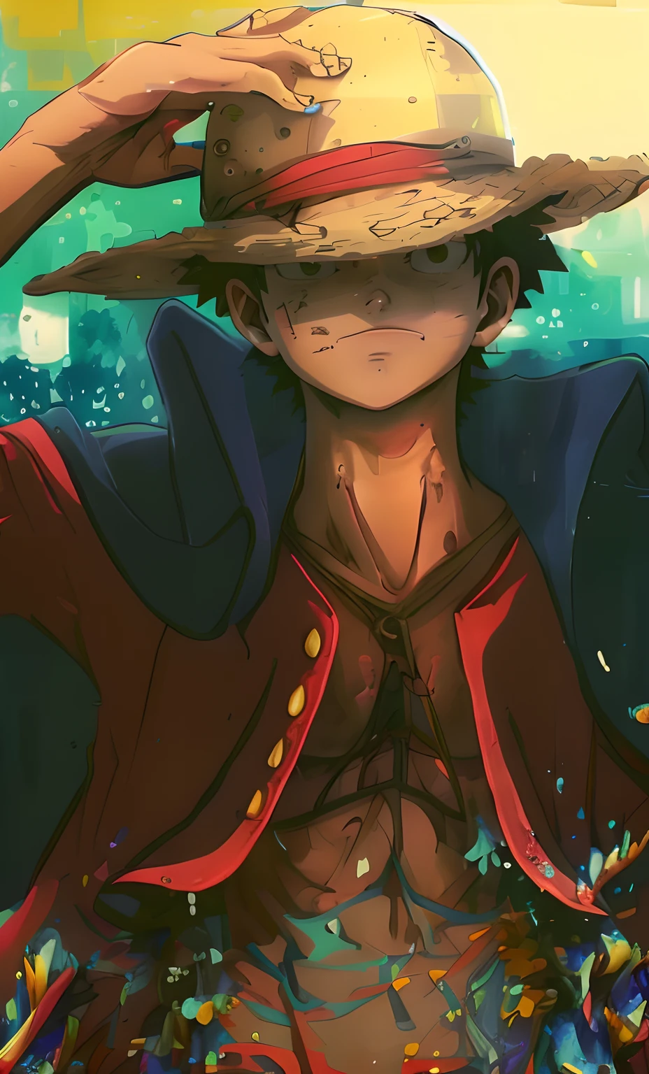 a close up of a person wearing a hat and a shirt, Luffy (one piece, Luffy, Macaco D. Luffy, Macaco D Luffy, Luffy de One Piece, portrait of luffy from one piece, one piece artstyle, from one piece, inspirado em Eiichiro Oda, Estilo One Piece, Rei dos piratas, Engrenagem Luffy 5, Estilo Eiichiro Oda, one piece