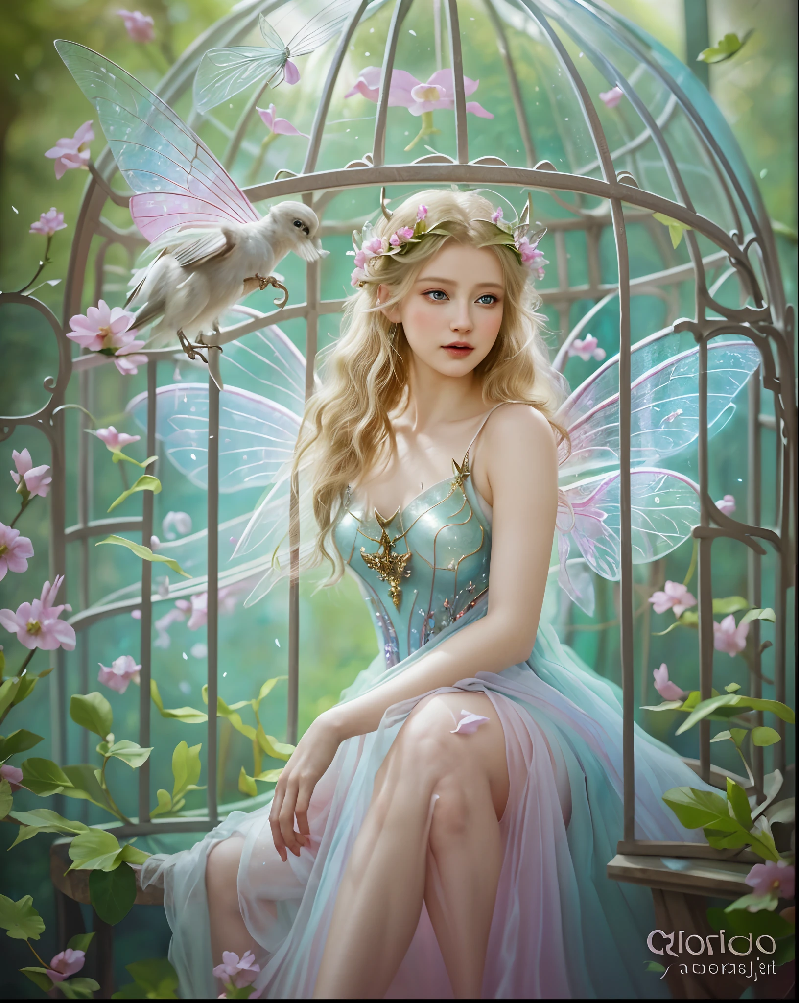painting of a woman sitting in a bird cage with a fairy wings, portrait of fairy, portrait of a fairy, beautiful fairy, beautiful fantasy art portrait, beautiful, beautiful adult fairy, fairy aesthetics, beautiful fairie, portrait of fairy princess, fantasy art portrait, beautiful fantasy maiden, ((hyper realistic)), sexy