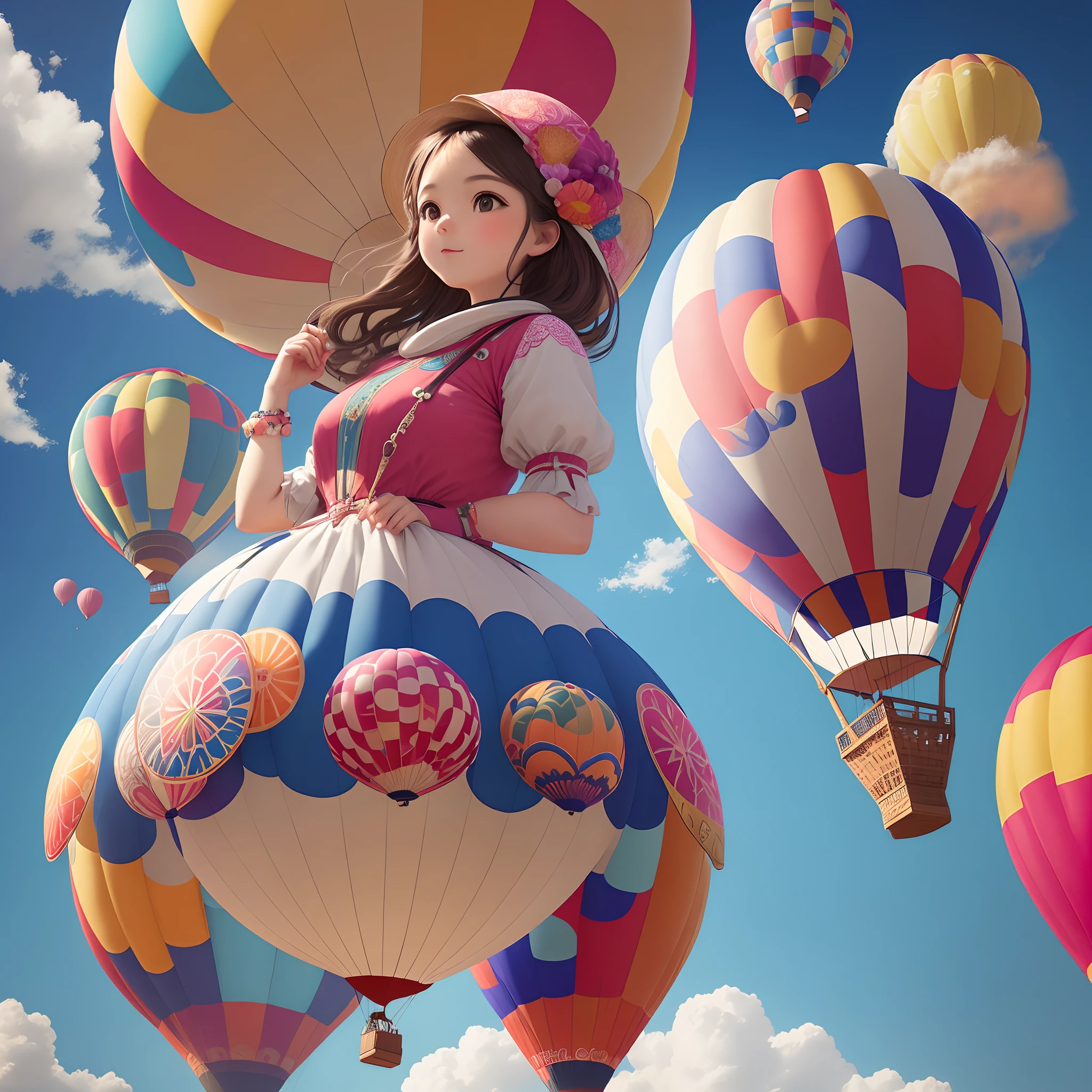 A beautiful hot air balloon gracefully floats in the sky, showcasing vibrant colors and intricate designs. The balloon’s large, rounded shape is adorned with patterns that catch the eye and captivate the imagination.