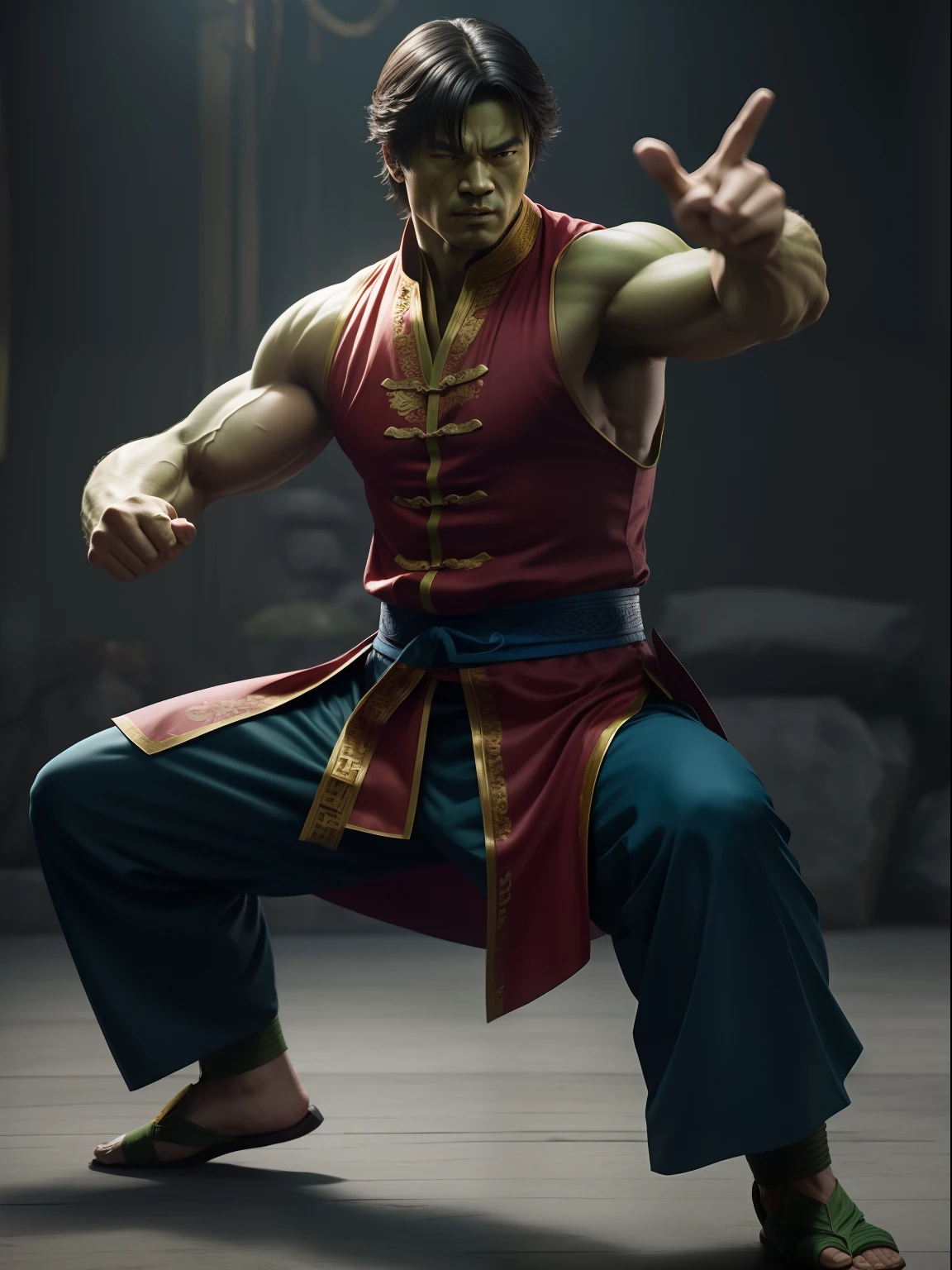 A Chinese kungfu master as hulk wearing a typical Chinese kungfu master's clothes, cinematic, extreem realistic, extreem detailed, extreem Sharp, full body shot