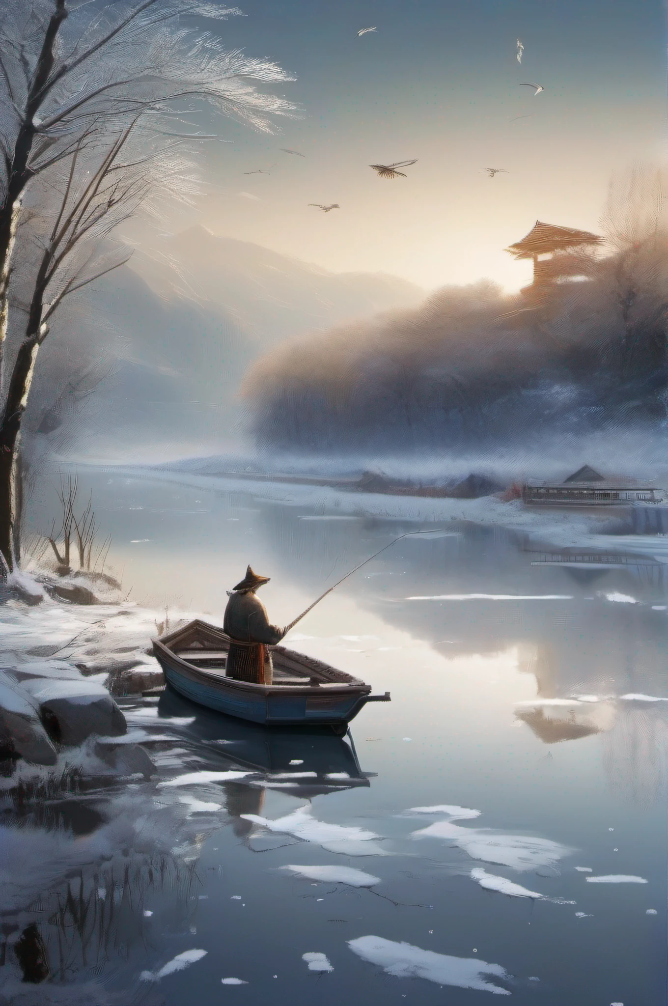 It describes a riverside view in winter。The whole of nature seems silent and deserted，It was as if the scenery covered in snow was frozen。Among a thousand mountains，The birds have flown without a trace，Above 10,000 paths，The trace of man has disappeared。There is only one lonely fishing boat resting quietly on the river，The old fisherman on the boat was dressed in a gown、Wearing a cloak，Fishing alone。The lonely and quiet surface of the river is covered with white snowflakes，Form a cold and beautiful picture。