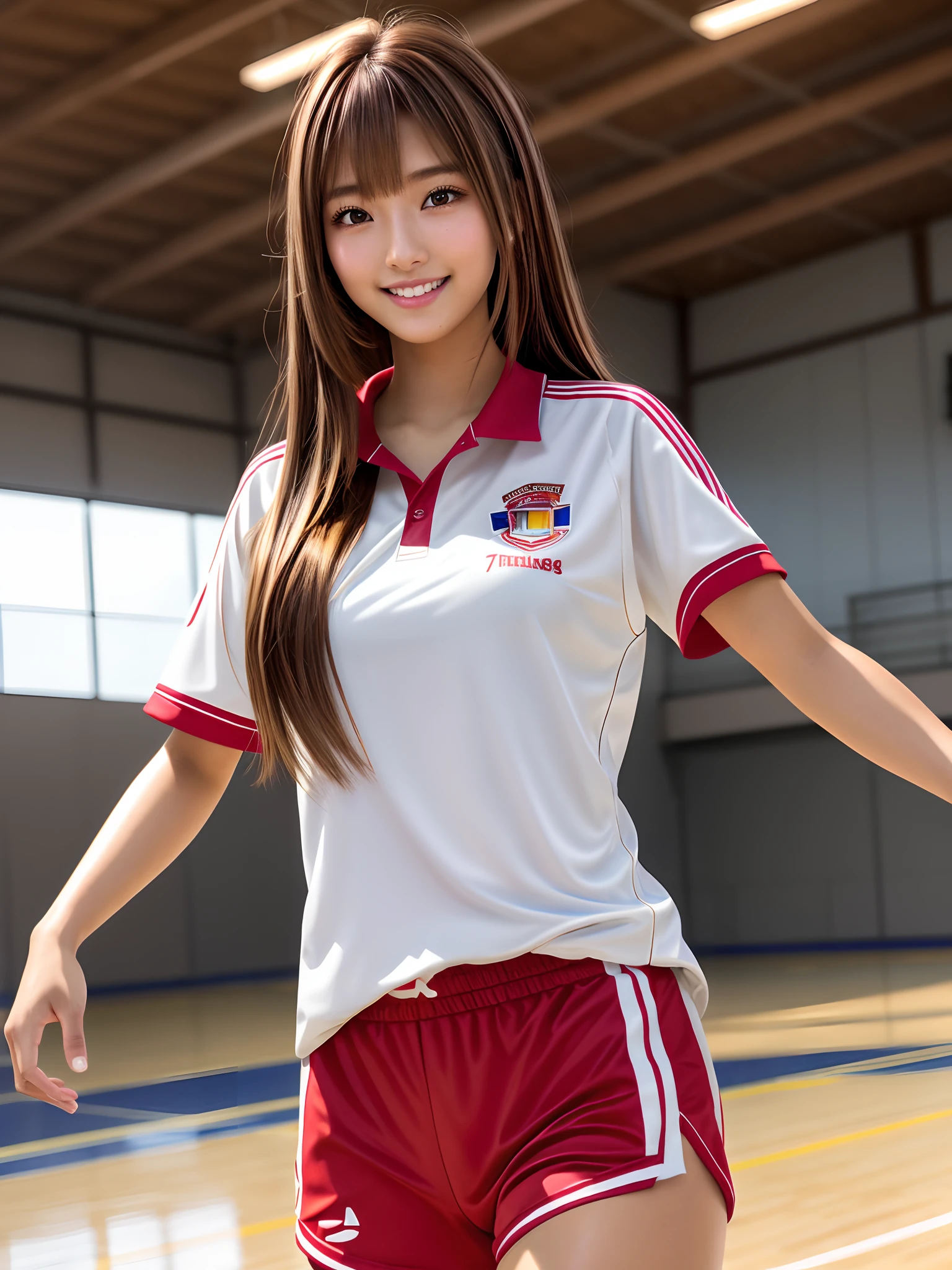 product quality, 1girl in 1photo, cowboy shot, front view, young pretty girl in Japan, 18 years old, a big smile, glamorous figure, wearing a red PE uniform, playing basketball in a indoor sports facilities of a high school, sweaty face, super cute face, glossy lips, double eyelids for both eyes, natural makeup, long eyelashes, shiny smooth light brown hair of long bob hairstyle, asymmetrical bangs, tanned skin, center image, 8K resolution, high resolution, detailed hairstyle, detailed face, spectacular movie lighting, octane rendering, hyper realistic, perfect limbs, perfect anatomy