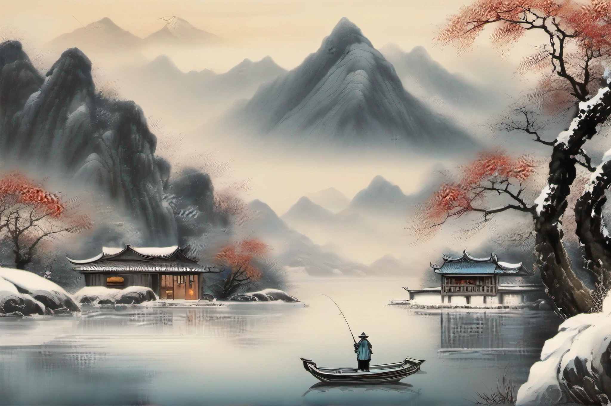 There was a man on the boat fishing on the river,nevando,((White snow)),snowfield,((snow landscape)),The background is mountains,( Chinese painting style), Traditional Chinese painting, (Chinese style painting),(ink wash style)),Chinese landscape,Wearing a cloak,Wear a gown