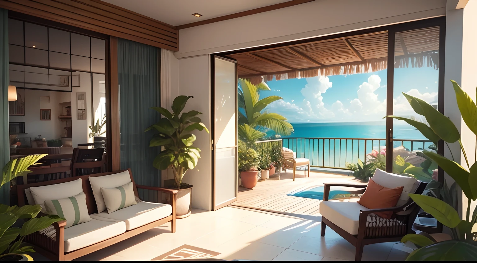 There are a lot of plants on the balcony of the house, Relaxing concept art, Overlooking the sea, tropical atmosphere, plants on balconies, Relaxing environment, tropical mood, Beautiful terrace, cozy home background, cozy place, balcony scene, Watercolor painting style, Tropical color scheme, Balcony, Details and brightness, tropical style, perfect maximalistic composition, overlooking the beach，The details are refined and accurate，8K high-definition