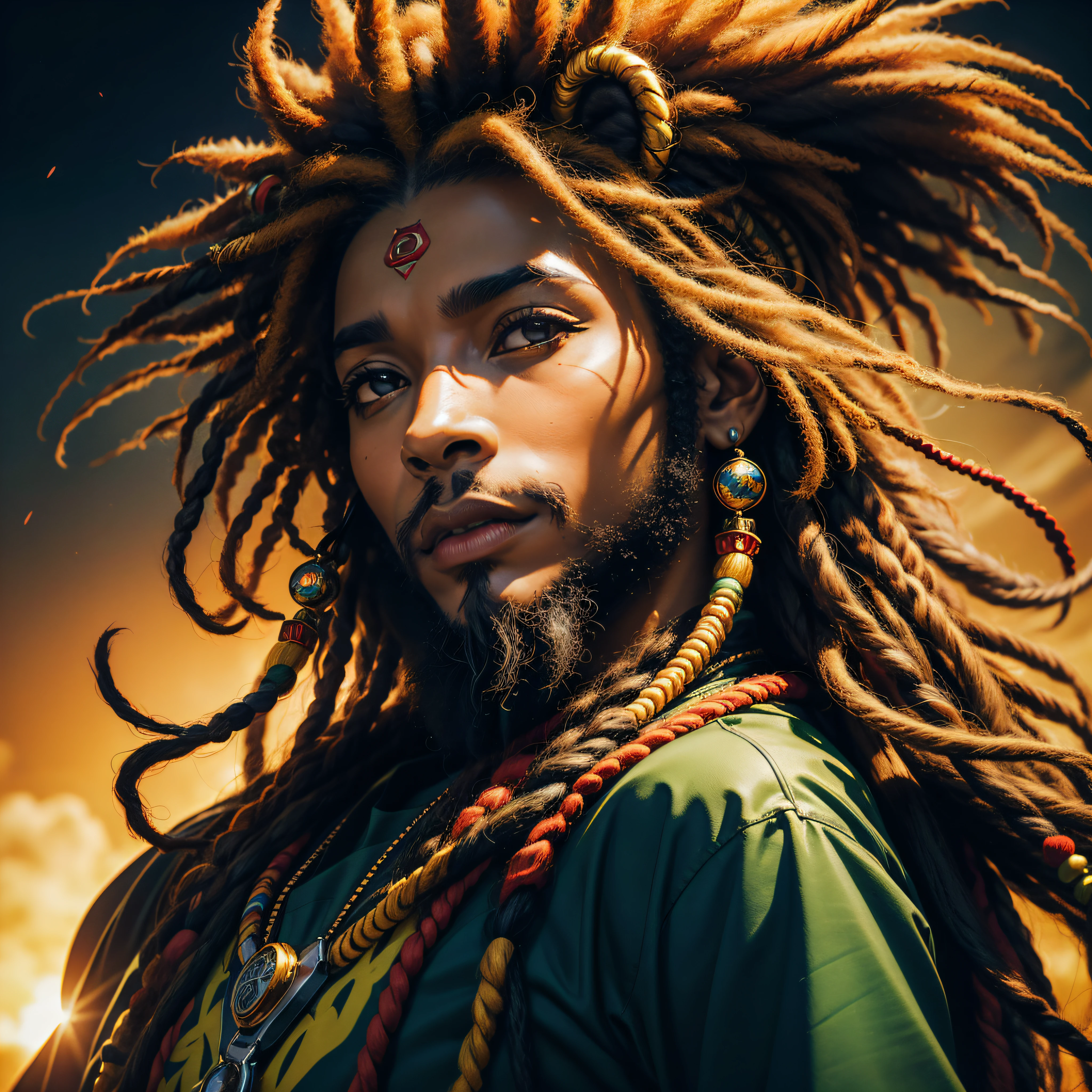 (A large Rastafarian lion Juda) with vibrant colors in the style of the cover of Steel Pulse's Living Legacy album, juba com dreadlocks nas cores do reggae : Create an impression that depicts a lion, Important symbol in (Rastafarian culture), com cores vibrantes e detalhes intrincados. Explore the combination of red, amarelo e verde, what are the representative colors of the movement. Black background and lighting in the image to highlight it, contraste de figura e fundo, . Image with 300dpi resolution, contrasting lighting between the figure and the background, imagem interessante e chamativa, Hyper detailed and very high resolution, imagem vetorial. Imagem centralizada, simetria, (fundo preto), hiper detalhada