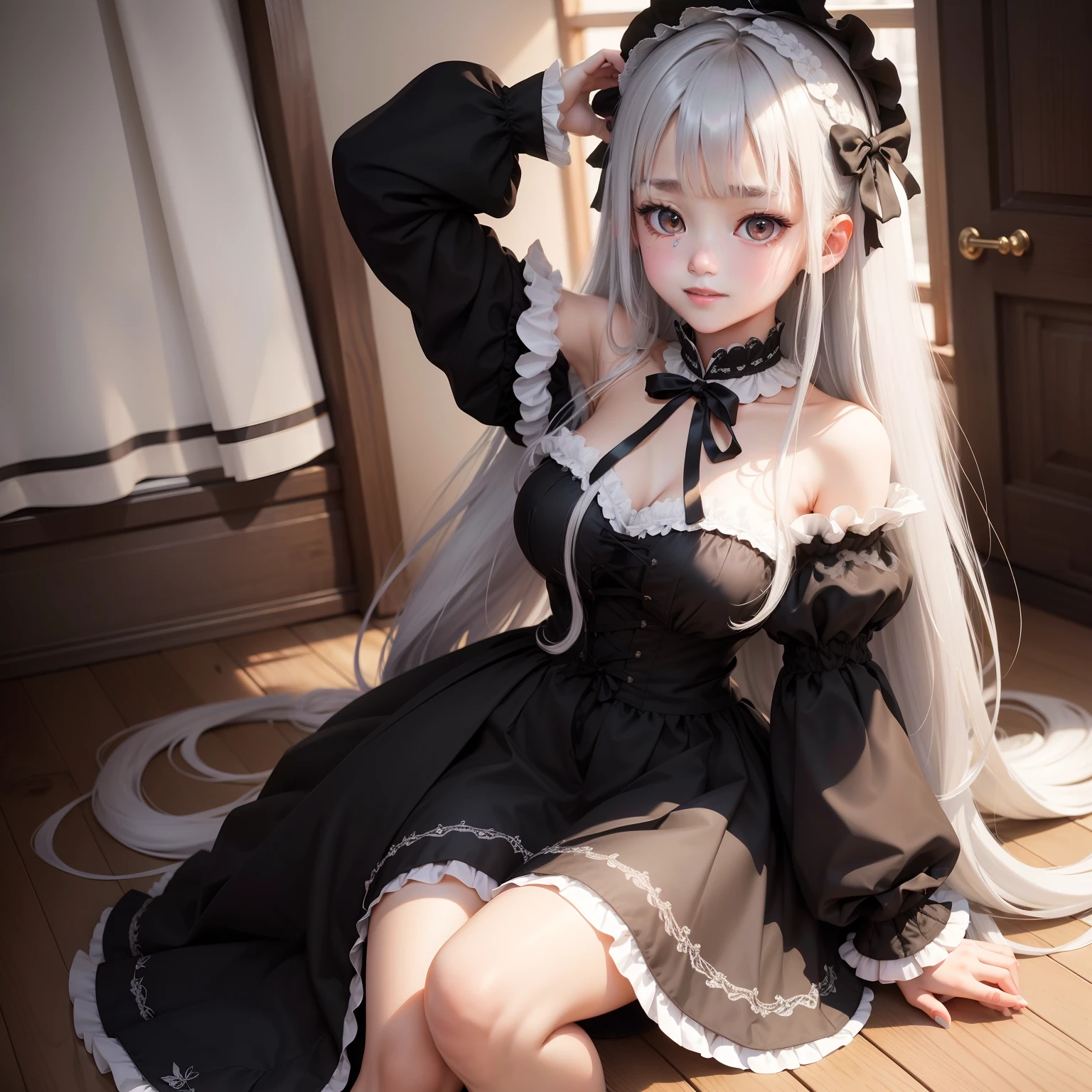 high-level image quality、​masterpiece、Raw photography、8K、detaileds、1 persons、独奏、teens girl、Only one person on screen、rosen maiden（Mercury lamp）、White silver hair、Dark silver hair、Long hair on sideburns、The bangs are in the center、Long straight hair、、Curled super long hair、cuticle、long hair to the waist、very long hair with habitual hair、Black headband、Black Ribbon Adorable、Rin々Right、Full body like、black feathers on the back,,、large black feathers、Crimson eyes、Redeye、Thin eyebrows、Suspended Eyes、Fishing eyes、huge smile、Personality Tough、Fluffy smile、Gothic Lolita Fashion、black and white clothes、Black skirt with reverse cross embroidery、Fluttering lace skirt、Medium Beautiful Breasts、Swaying udder、Underdeveloped girls、Saint a girl、 Spherical Joint Doll、The gaze is watching the viewing、Lying on the floor、M-shaped legs、Place your arms on the ground、in a house、Inside a Nordic castle、a bed、Night、Red cheeks、excited、Contemptuous gaze