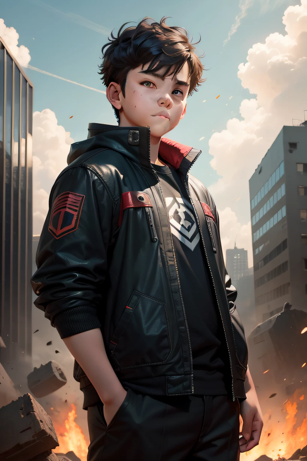 A boy ,Face specific,sideface,vred,Very short hair,Fat face,in mecha style,destroy,city ruins