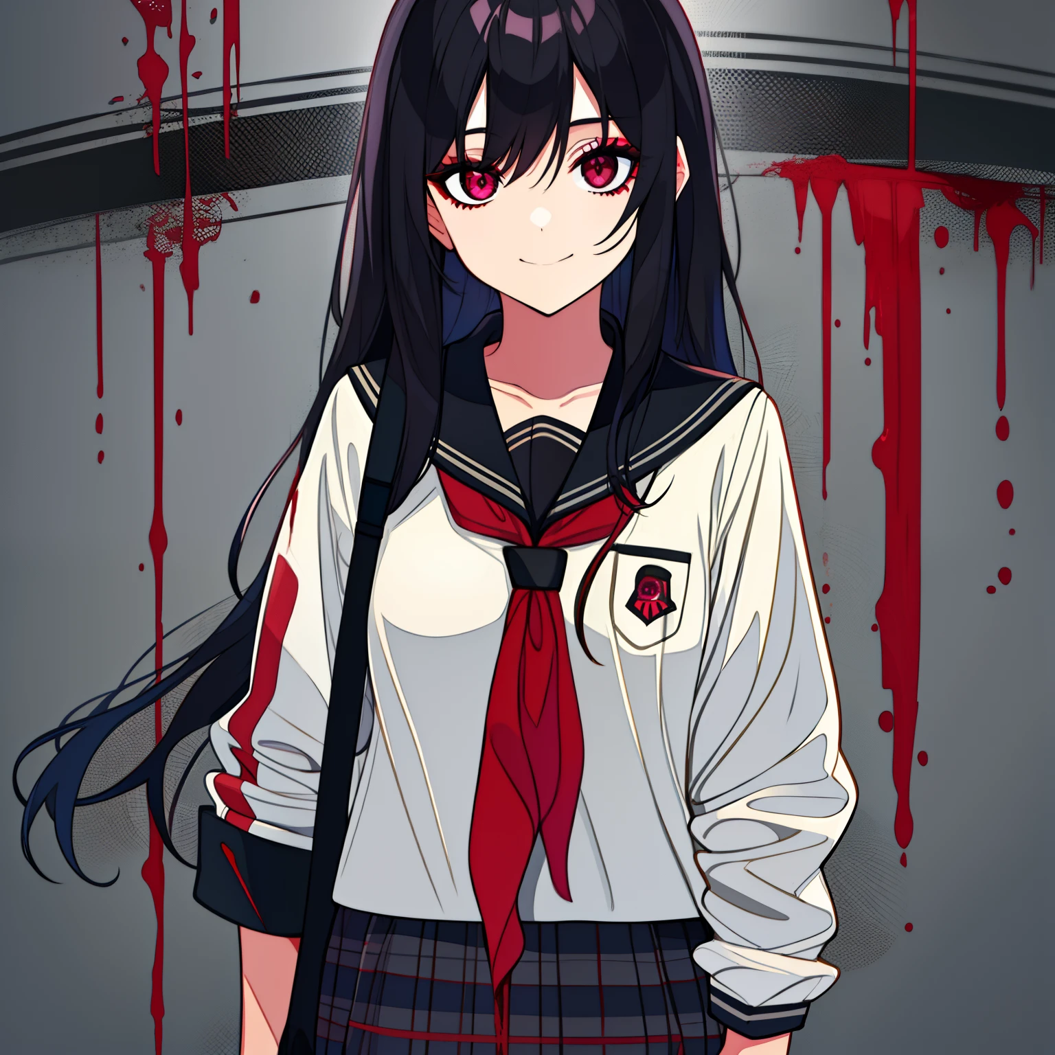 age female with black hair, unkept hair, messy hair, messy clothing, grey tired eyes, in a schoolgirl outfit, antisocial, eye shadow, red eye color, bags under eyes, lots of eyeshadow on, bloody, yandere, insane, holding a knife, crazy smile, blood on her clothes