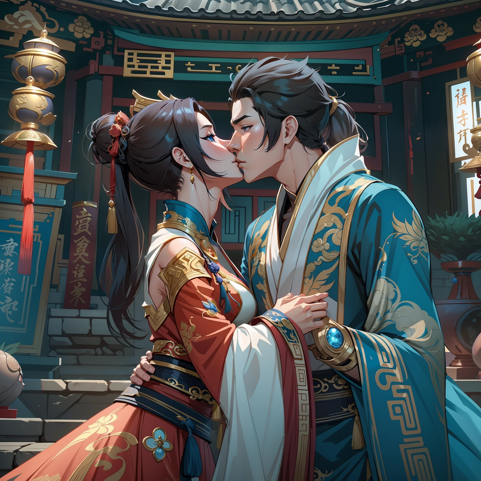 two beautiful women in ball gowns kissing a young man in his 30's, a hero in wuxia style, cute scene, in a chinese temple, in the style of blade and soul, detailed character design, fun scene, very highly detailed face, unreal engine render, final fantasy 14 style, lunar themed attire, costume with blue accents