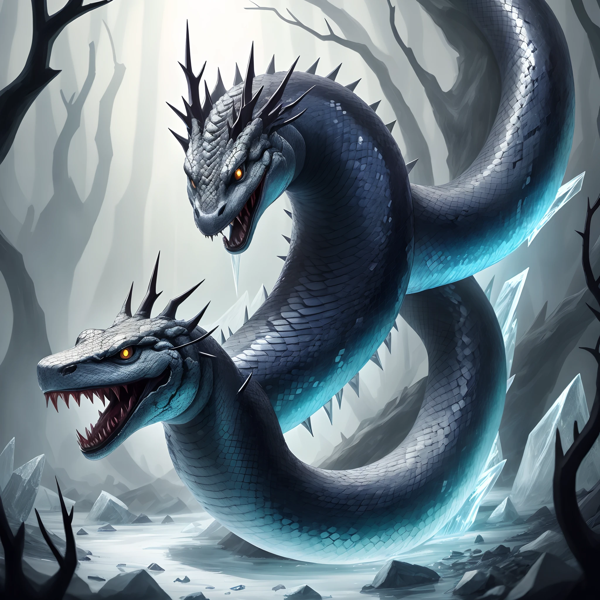 A fierce snake，The body is full of sharp ice thorns，fantasy