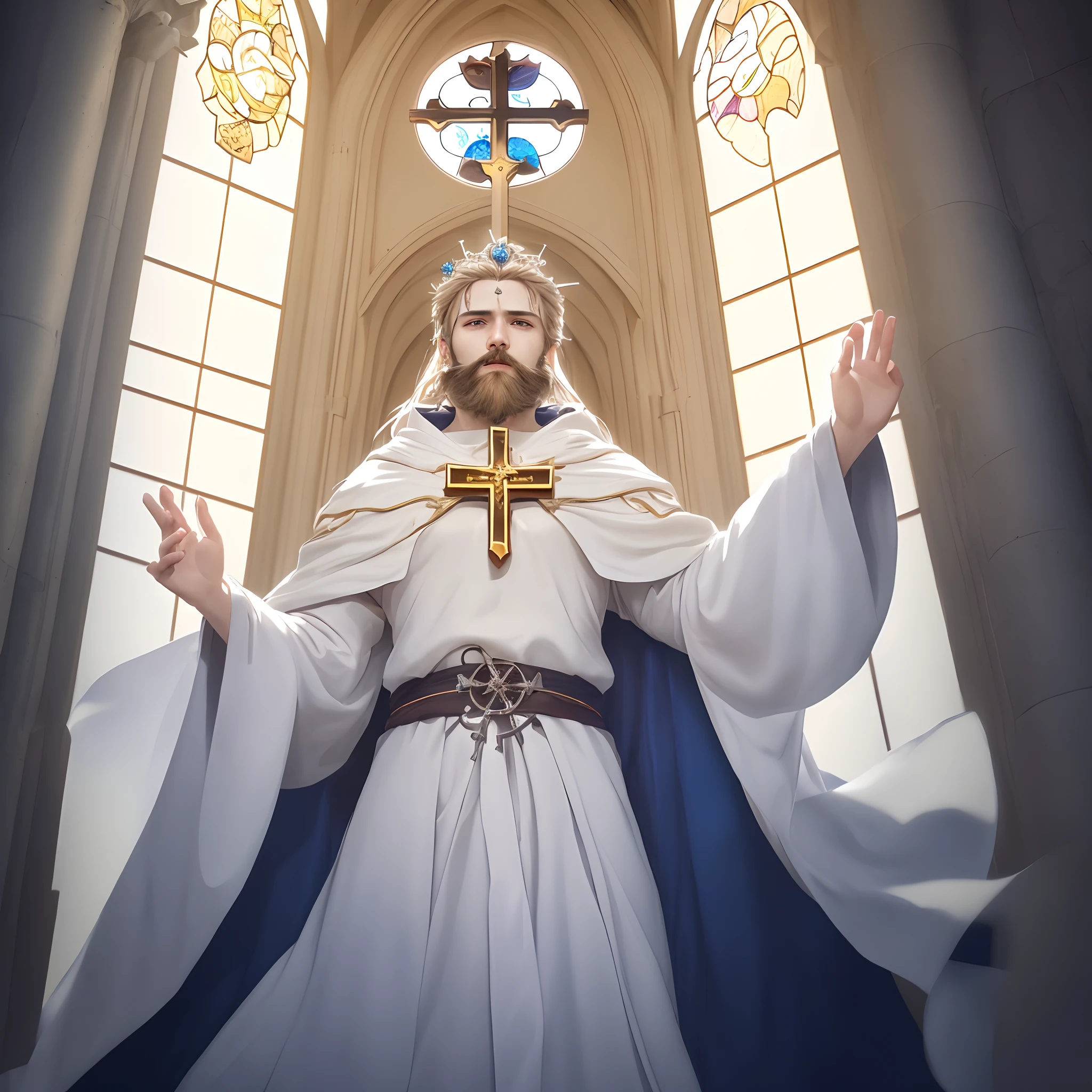 (extremely detailed CG unity 8k wallpaper, masterpiece, best quality, ultra-detailed), best illumination, best shadow, an extremely delicate and beautiful, floating,
[(1 figure), white robe, crown of thorns, savior, (beard), (blue eyes), (divine light), hands outstretched, (nail wounds on hands), dramatic angle],
(stained glass window, holy cross, church), (vastness), (sacred atmosphere).