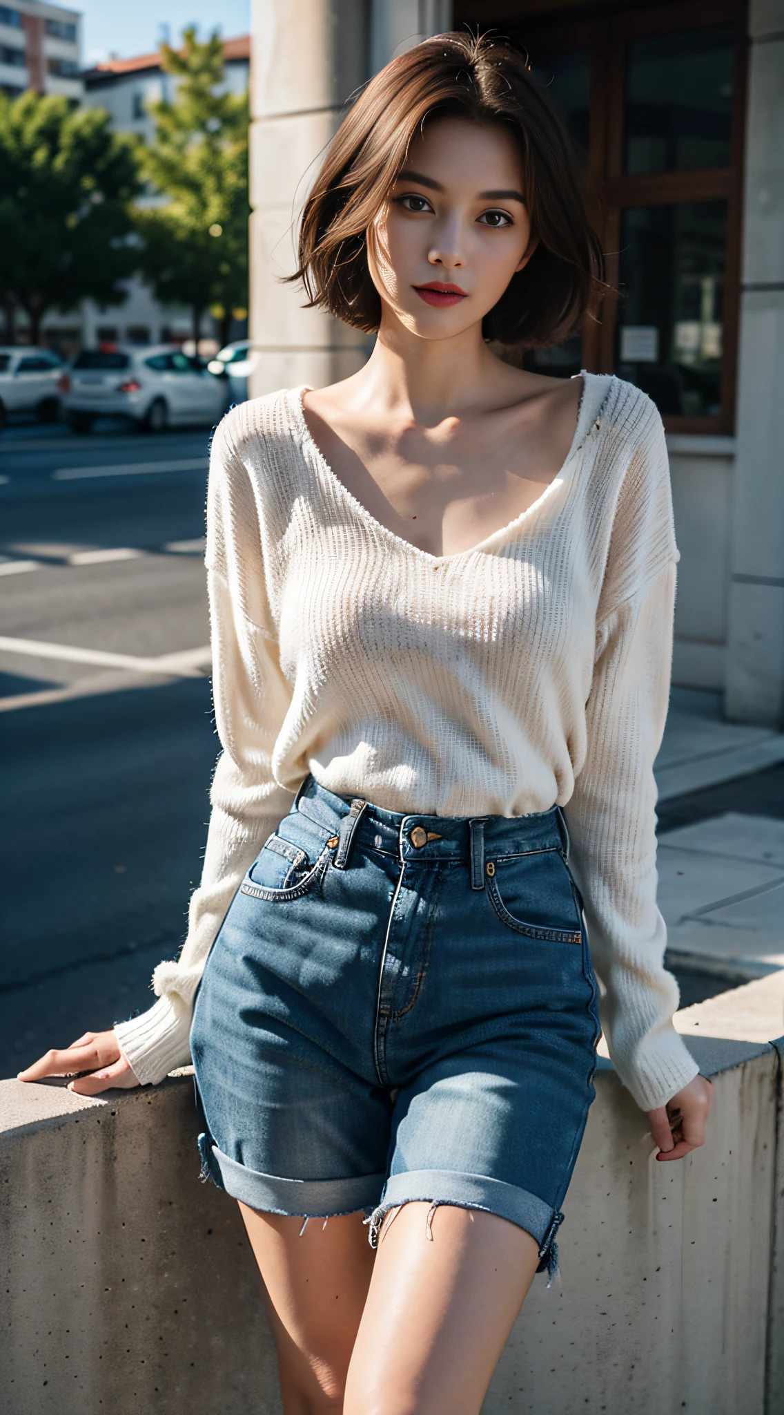 A beautyful girl,20yr old,(Solo exhibition:1.2),Women's clothing,High-end sweaters,simple backgound,(Fine sweater detail:1.2),closeup cleavage,realisticlying,Advanced lighting effects,(full bodyesbian:1.4),denim short,White cloth shoes,standing on your feet, Short hair, red hair, photorealestic, photography of, (A high resolution), (realisticlying:1.4), (very intricate), (exquisitedetails), highly detailed, A high resolution, Original, Extremely detailed 8K wallpaper, best qualtiy, 详细的脸, ultra - detailed, RAW photogr, realisticlying, (thigh gap:1.5)