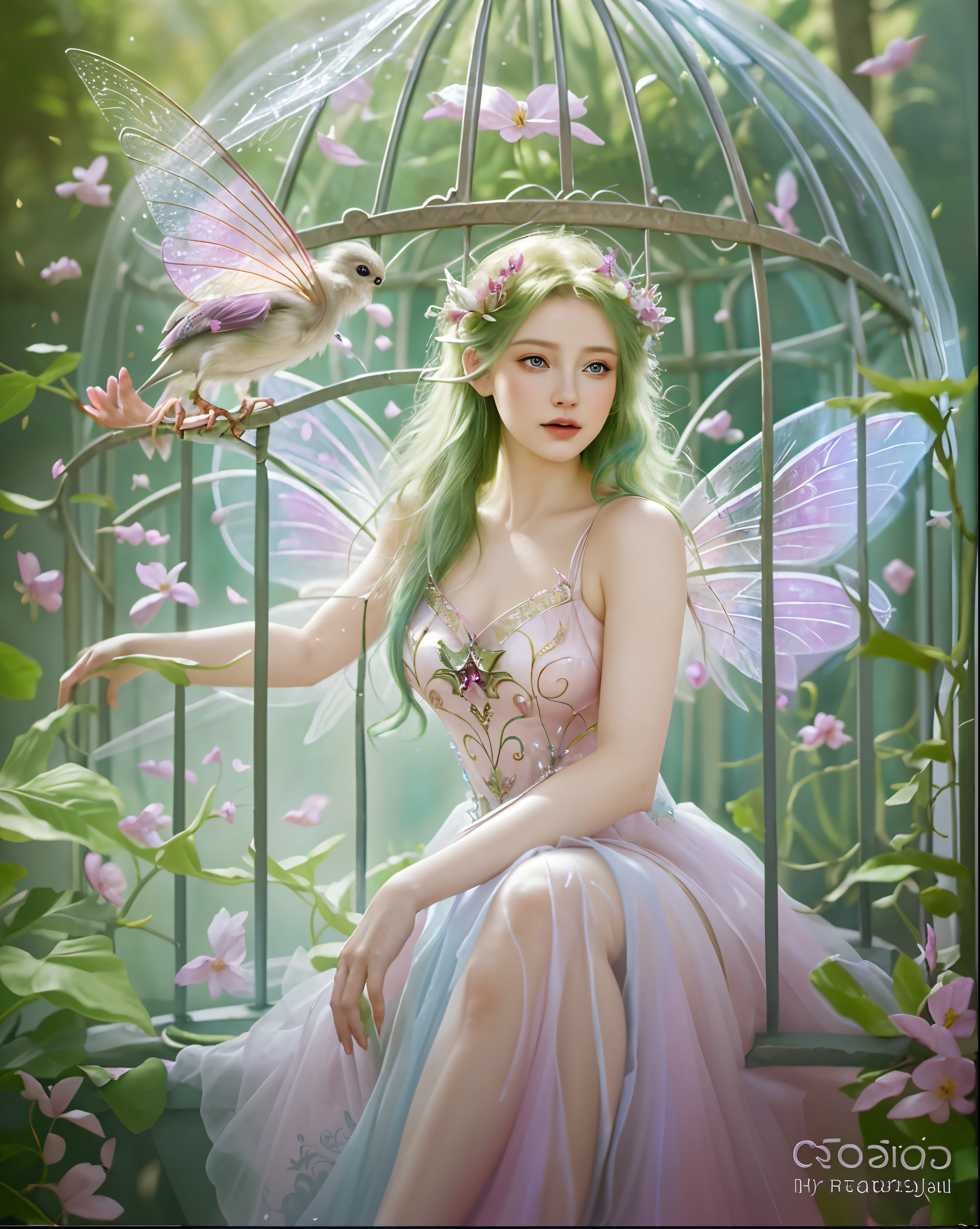 painting of a woman sitting in a bird cage with a fairy wings, portrait of fairy, portrait of a fairy, beautiful fairy, beautiful fantasy art portrait, beautiful, beautiful adult fairy, fairy aesthetics, beautiful fairie, portrait of fairy princess, fantasy art portrait, beautiful fantasy maiden, ((hyper realistic)), sexy
