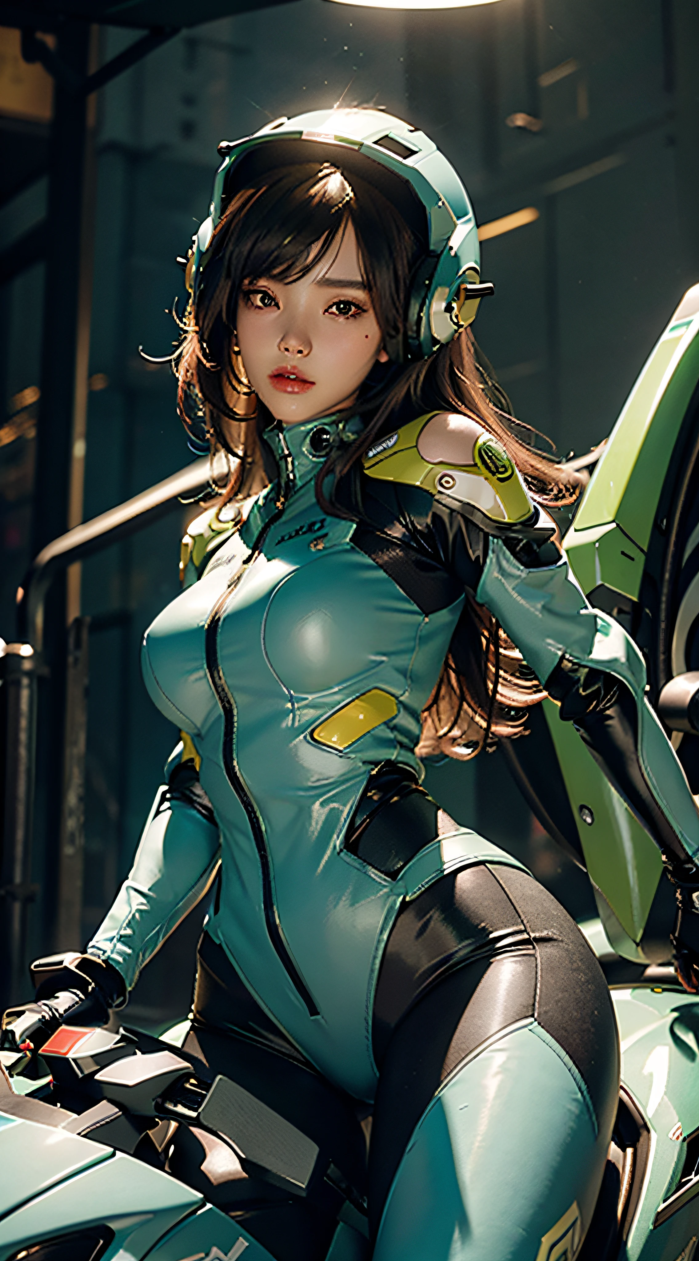 d.va, Highest image quality, outstanding details, ultra-high resolution, (realism: 1.4), the best illustration, favor details, highly condensed 1girl, with a delicate and beautiful face, dressed in a black and green mecha, wearing a mecha helmet, holding a directional controller, riding on a motorcycle, the background is a high-tech lighting scene of the future city.