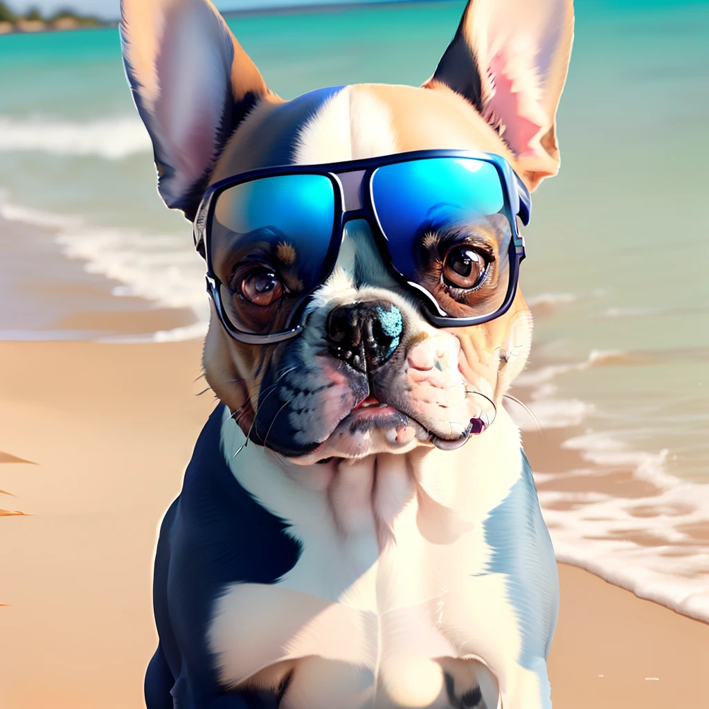 French Bulldog, tri blue merle (branco marrom e cinza), female, sorridente, with sun glasses, hiper realista, fofa, pop color, foco nos detalhes do rosto, fundo colorido
