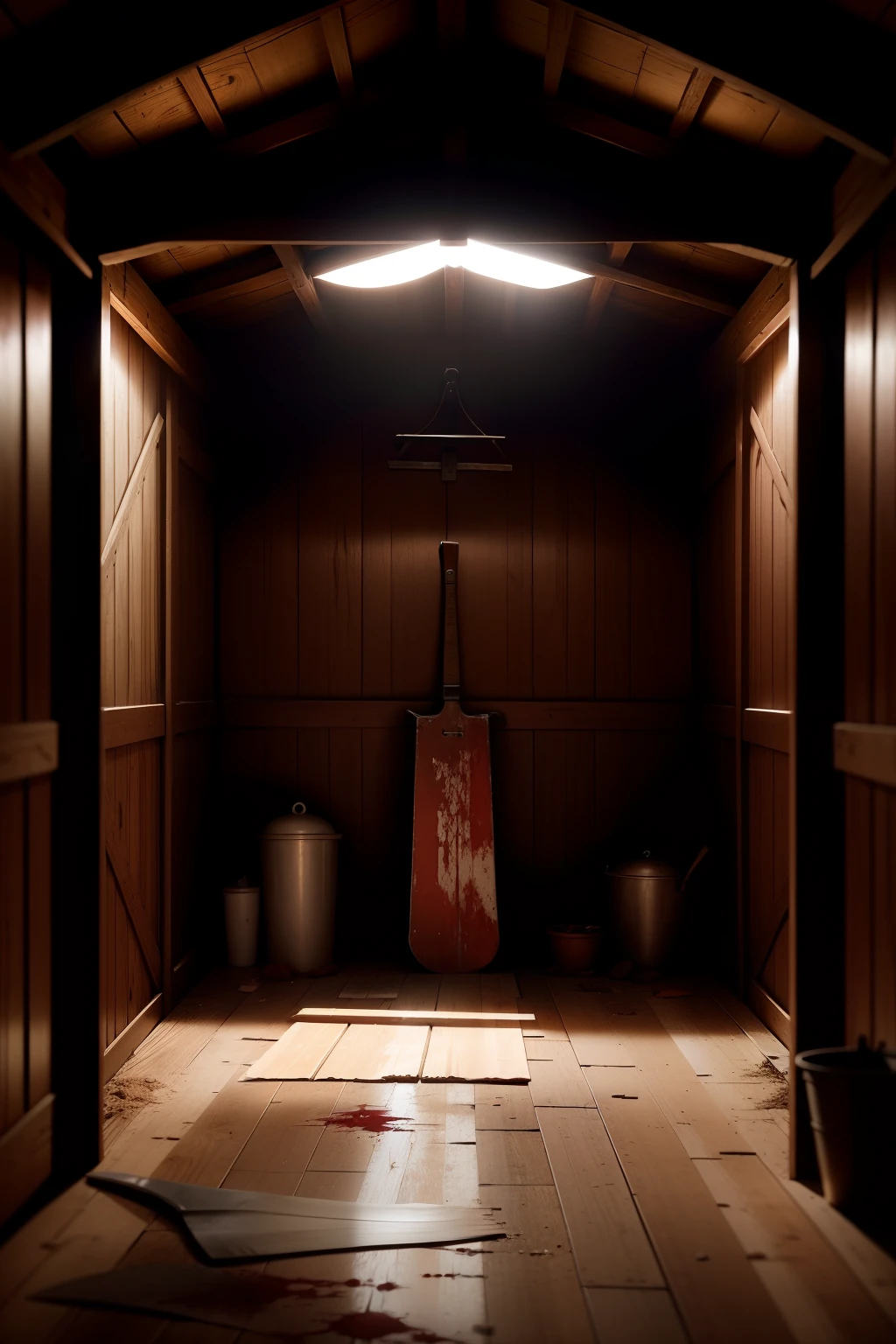 blood-stained machete in a well-lit barn, fazenda, diffuse lighting