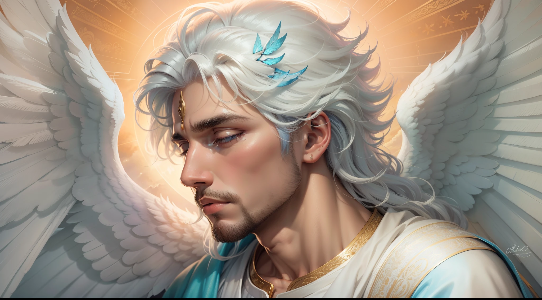 An angel with white hair and blue wings is praying, anjo biblicamente acuado, Retrato de um anjo bonito, cheio de pinturas de anjos, anjo bonito, de anjo lindo, majestoso homem de santo, finely detailed angelic face, angelic, anjo biblicamente preciso, angelic, anjo masculino bonito, KING of Heaven, biblical accurate angel, angelic features, Scenery sky and clouds, arcanjo gabriel